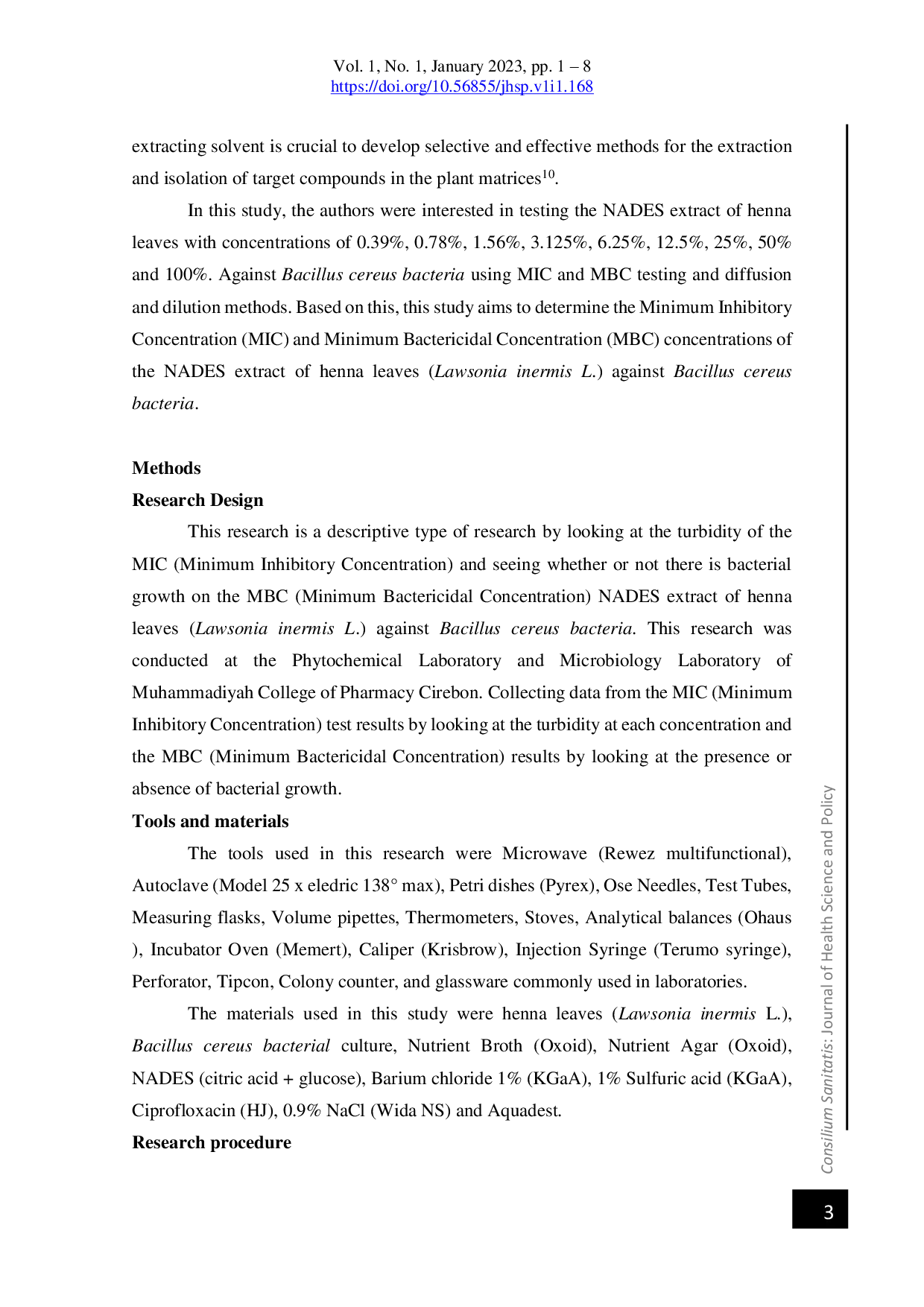 JURIS Ekstrak Konsentrasi Hambat Minimum KHM dan Konsentrasi Bakterisida Minimum KBM Daun Henna Kuku NADES Terhadap Bakteri Bacillus Cereus