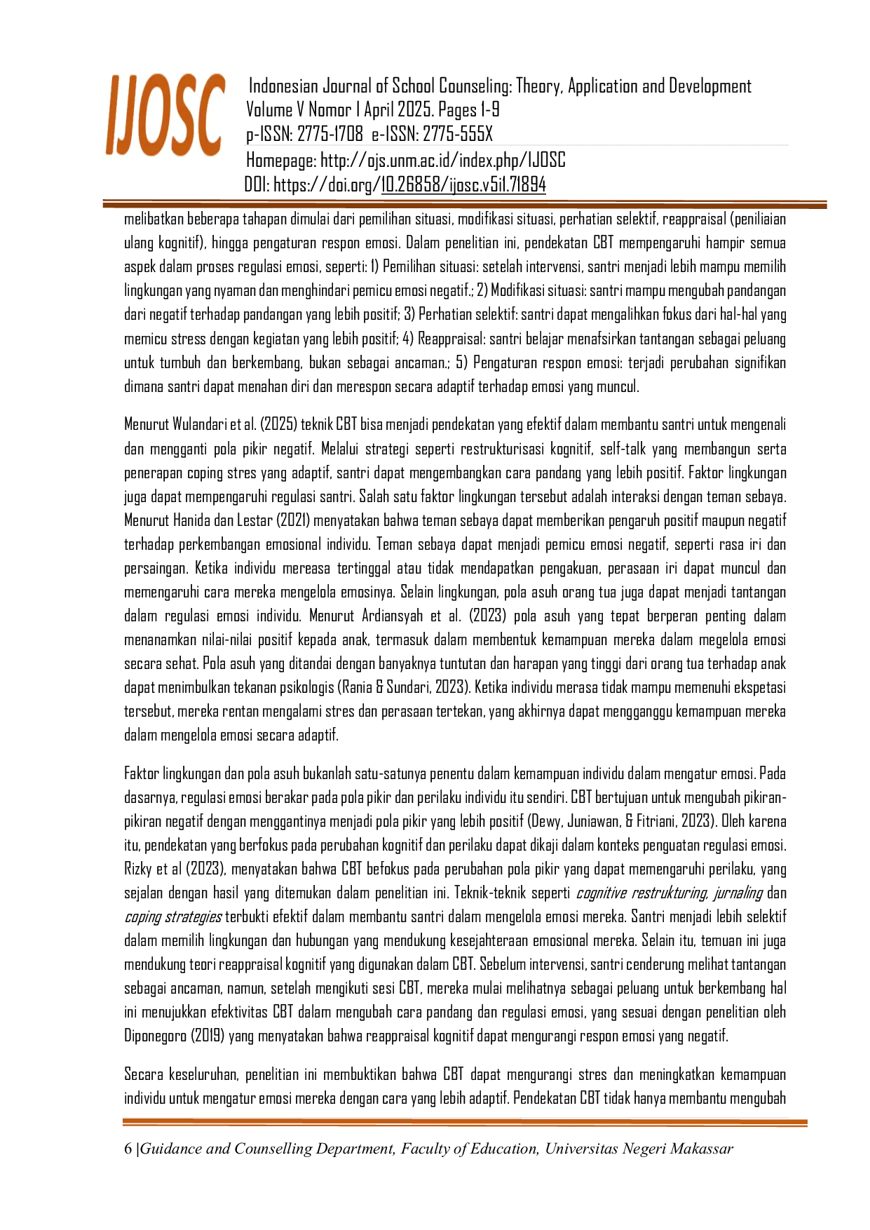 JURIS Intervensi Konseling Kelompok Berbasis CBT terhadap Regulasi Emosi Santri