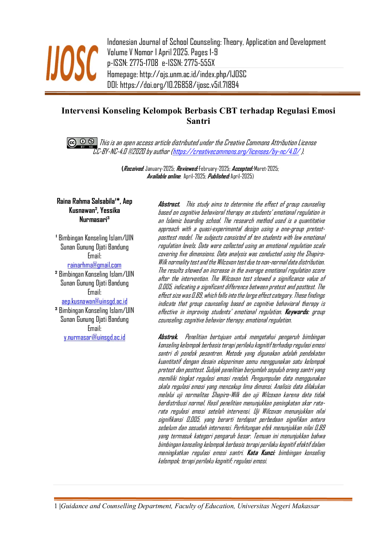 JURIS Intervensi Konseling Kelompok Berbasis CBT terhadap Regulasi Emosi Santri