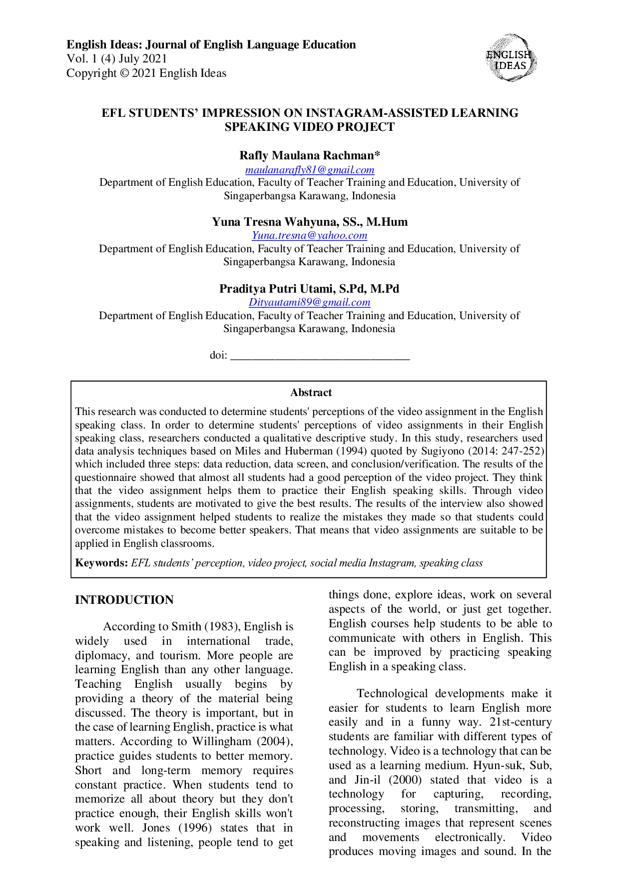 JURIS EFL Students Impression on Instagram Assisted Learning Speaking Video Project