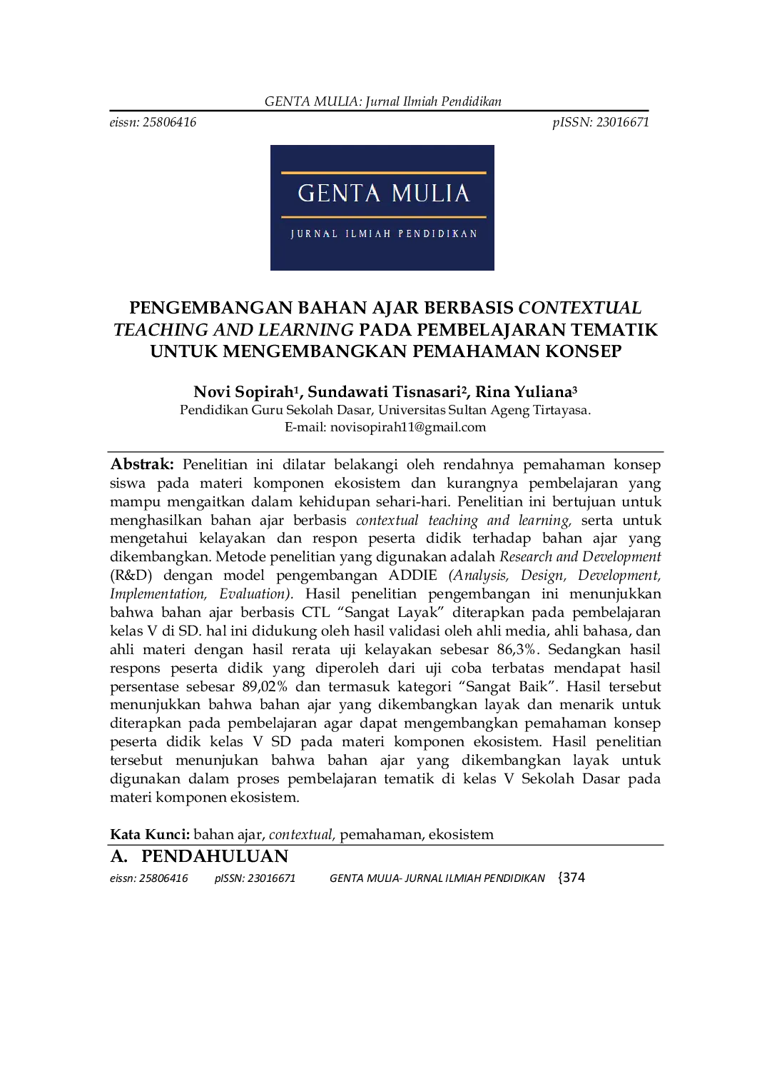 JURIS Pengembangan Bahan Ajar Berbasis Contextual Teaching and Learning Pada Pembelajaran Tematik Untuk Mengembangkan Pemahaman Konsep