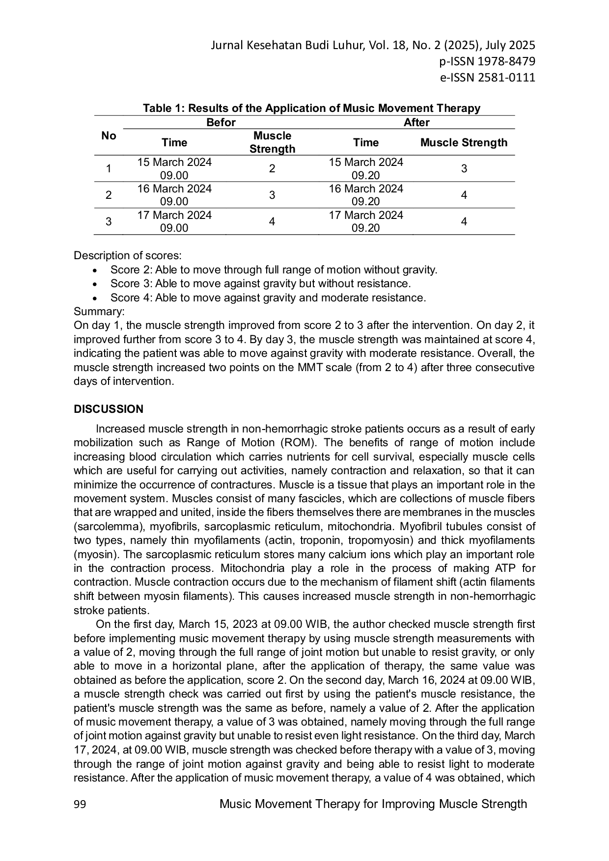 JURIS Music Movement Therapy for Improving Muscle Strength in a Non Hemorrhagic Stroke Patient A Case Study at Bayu Asih Hospital