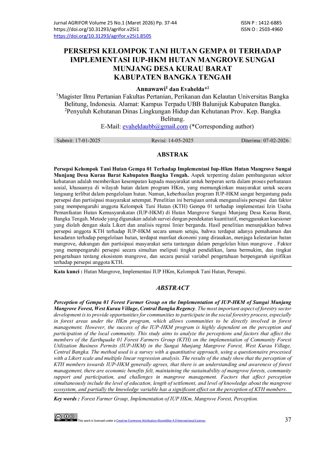 JURIS Persepsi Kelompok Tani Hutan Gempa 01 Terhadap Implementasi IUP HKM Hutan Mangrove Sungai Munjang Desa Kurau Barat Kabupaten Bangka Tengah
