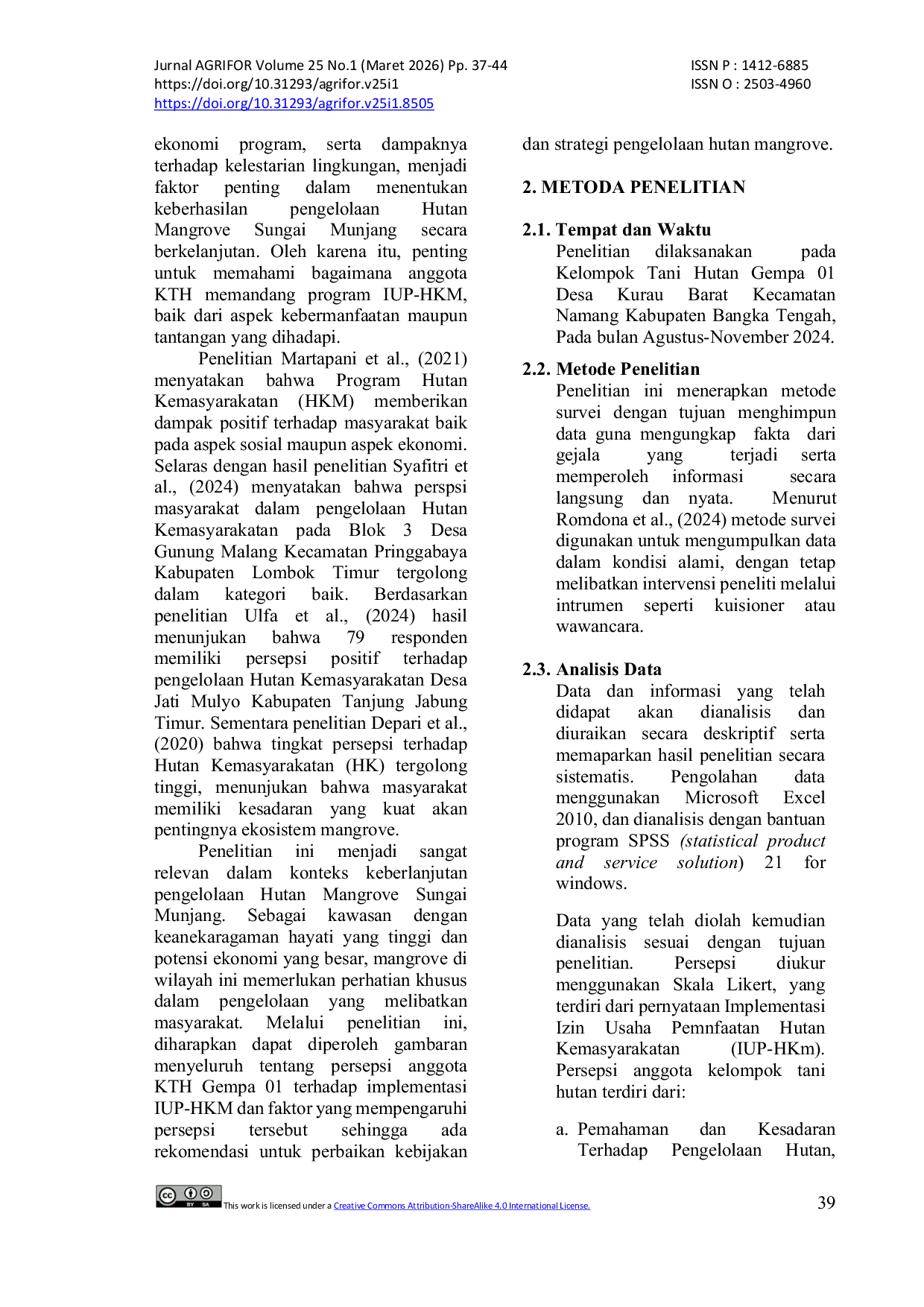 JURIS Persepsi Kelompok Tani Hutan Gempa 01 Terhadap Implementasi IUP HKM Hutan Mangrove Sungai Munjang Desa Kurau Barat Kabupaten Bangka Tengah