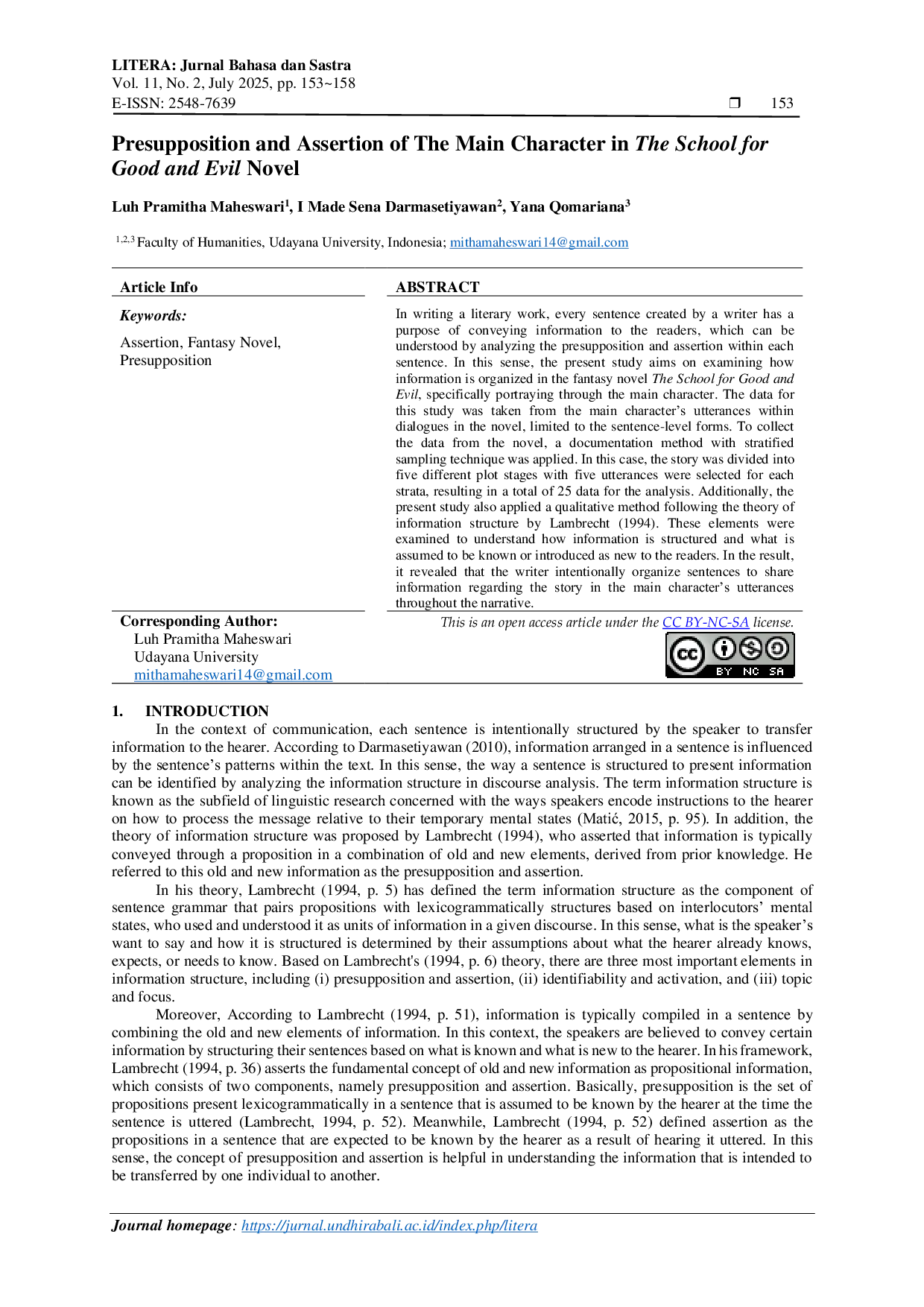 JURIS Presupposition and Assertion of The Main Character in The School for Good and Evil Novel