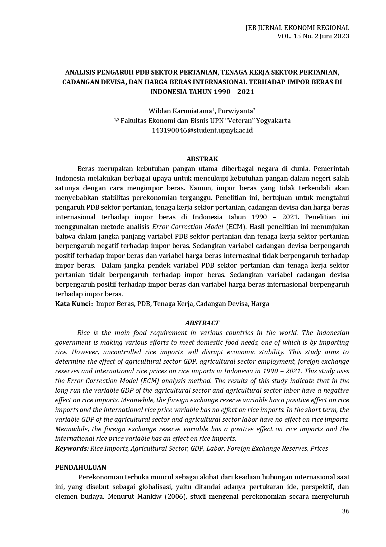 juris Analisis Pengaruh Pdb Sektor Pertanian Tenaga Kerja Sektor Pertanian Cadangan Devisa Dan Harga Beras Internasional Terhadap Impor Beras Di Indonesia Tahun 1990 2021