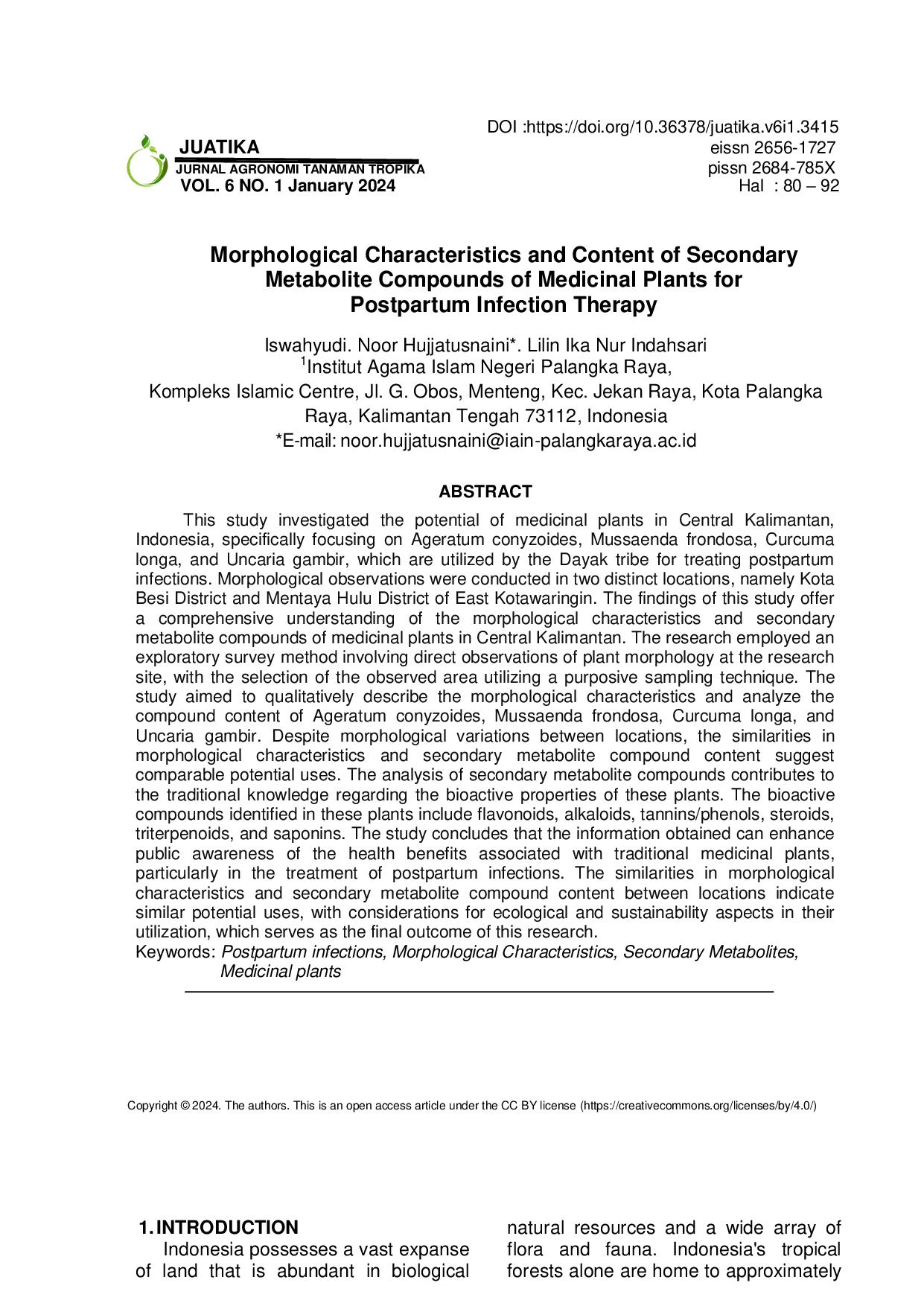 JURIS Morphological Characteristics and Content of Secondary Metabolite Compounds of Medicinal Plants for Postpartum Infection Therapy