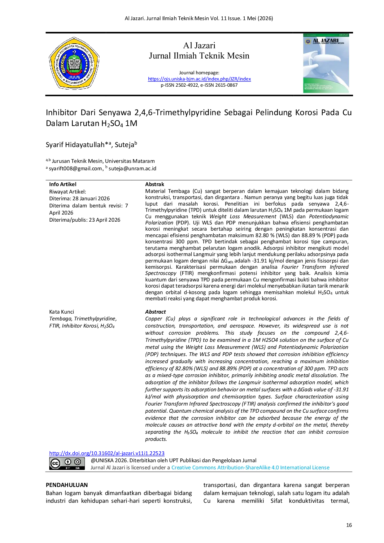 JURIS Inhibitor Dari Senyawa 2 4 6 Trimethylpyridine Sebagai Pelindung Korosi Pada Cu Dalam Larutan H2SO4 1M