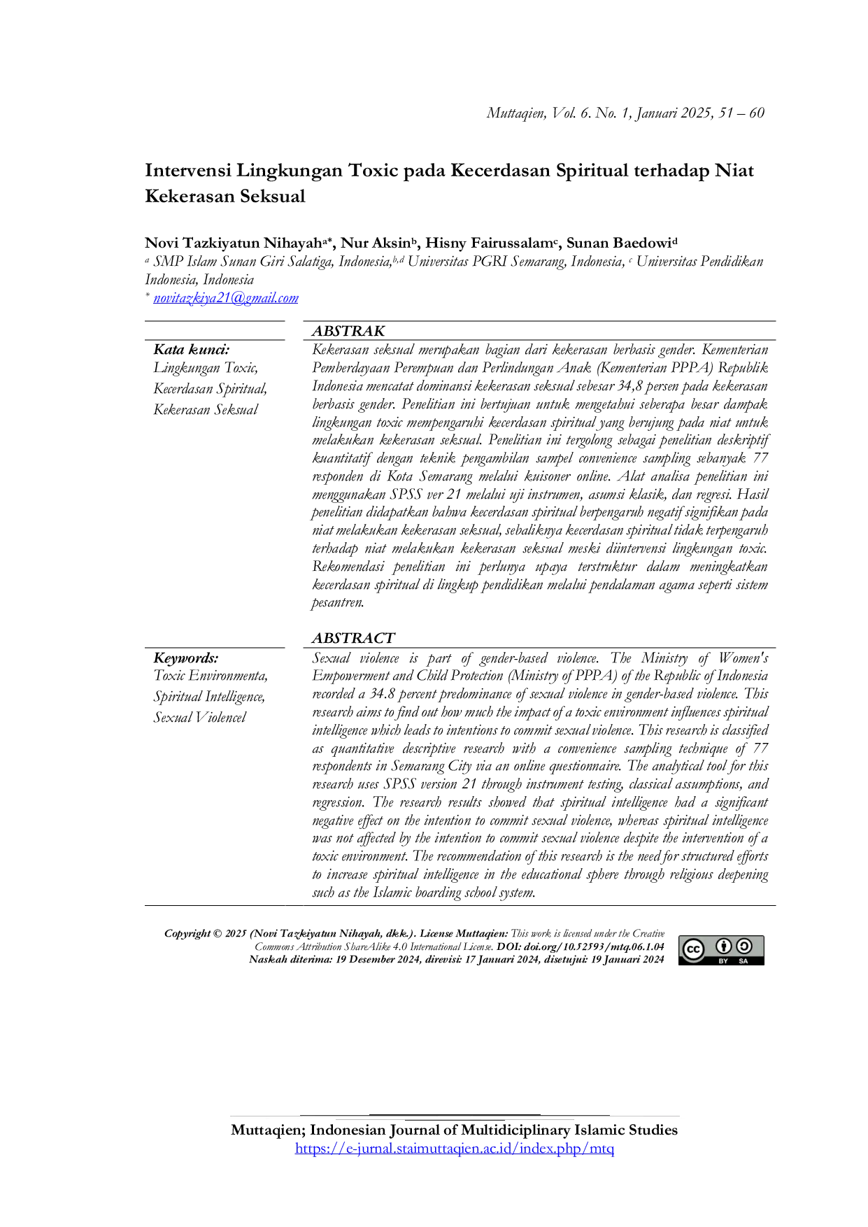 JURIS Intervensi Lingkungan Toxic pada Kecerdasan Spiritual terhadap Niat Kekerasan Seksual