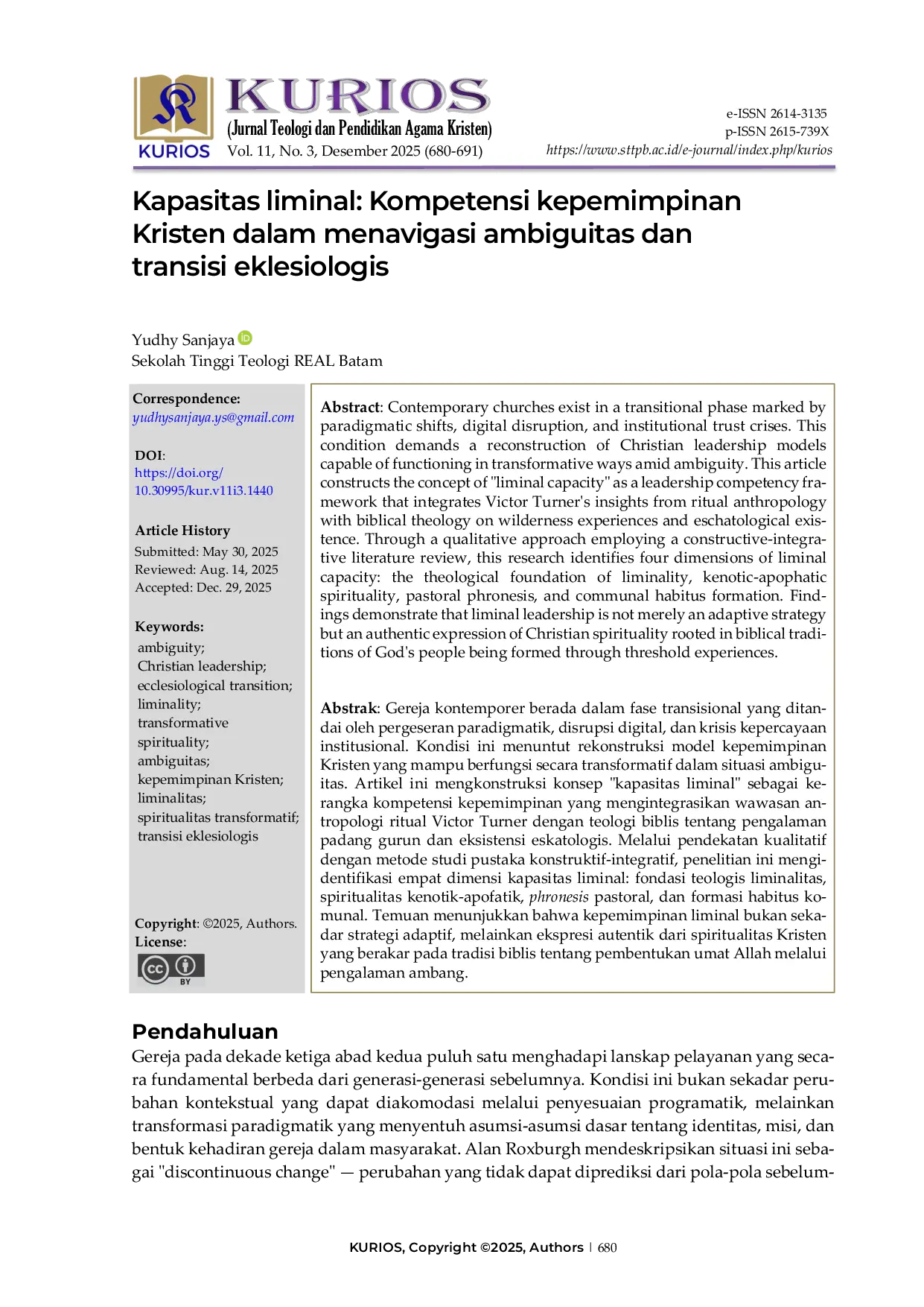 JURIS Kapasitas liminal Kompetensi kepemimpinan Kristen dalam menavigasi ambiguitas dan transisi eklesiologis
