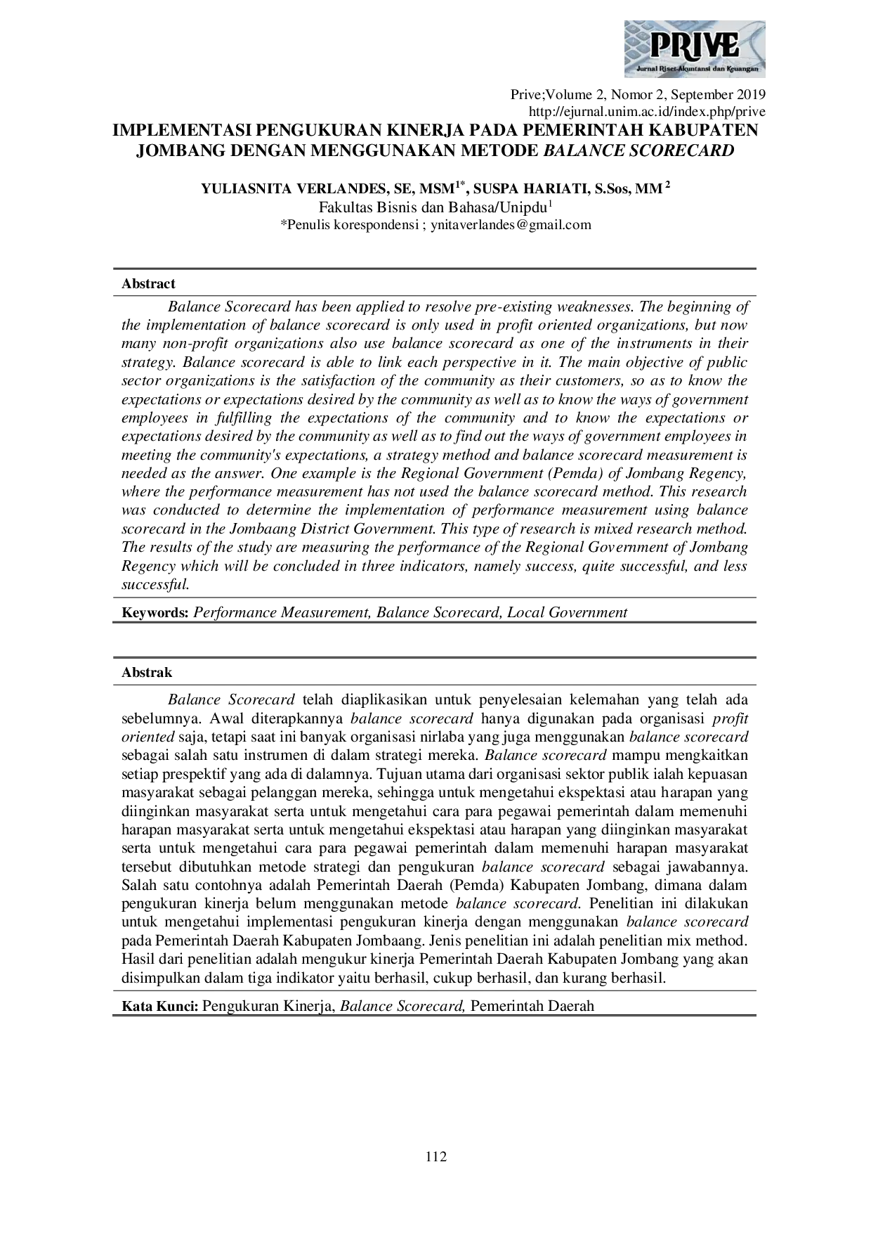 JURIS Implementasi Pengukuran Kinerja Pada Pemerintah Kabupaten Jombang dengan Menggunakan Metode Balance Scorecard
