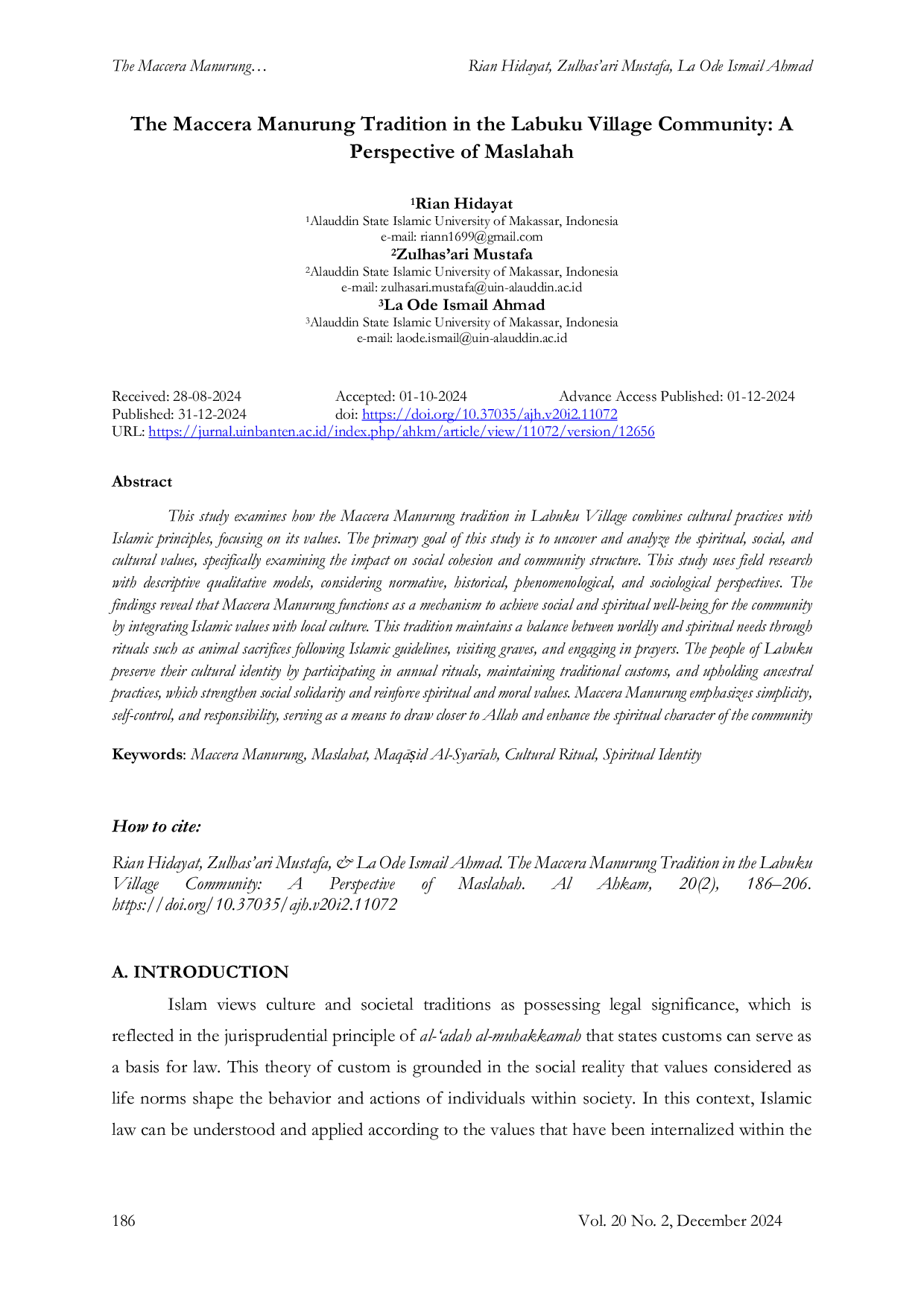 JURIS The Maccera Manurung Tradition in the Labuku Village Community A Perspective of Maslahah