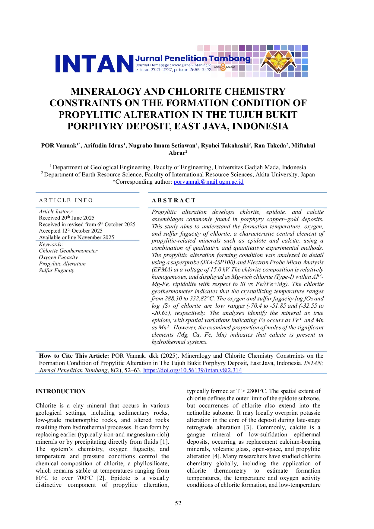 JURIS Mineralogy And Chlorite Chemistry Constraints On The Formation Condition Of Propylitic Alteration In The Tujuh Bukit Porphyry Deposit East Java Indonesia
