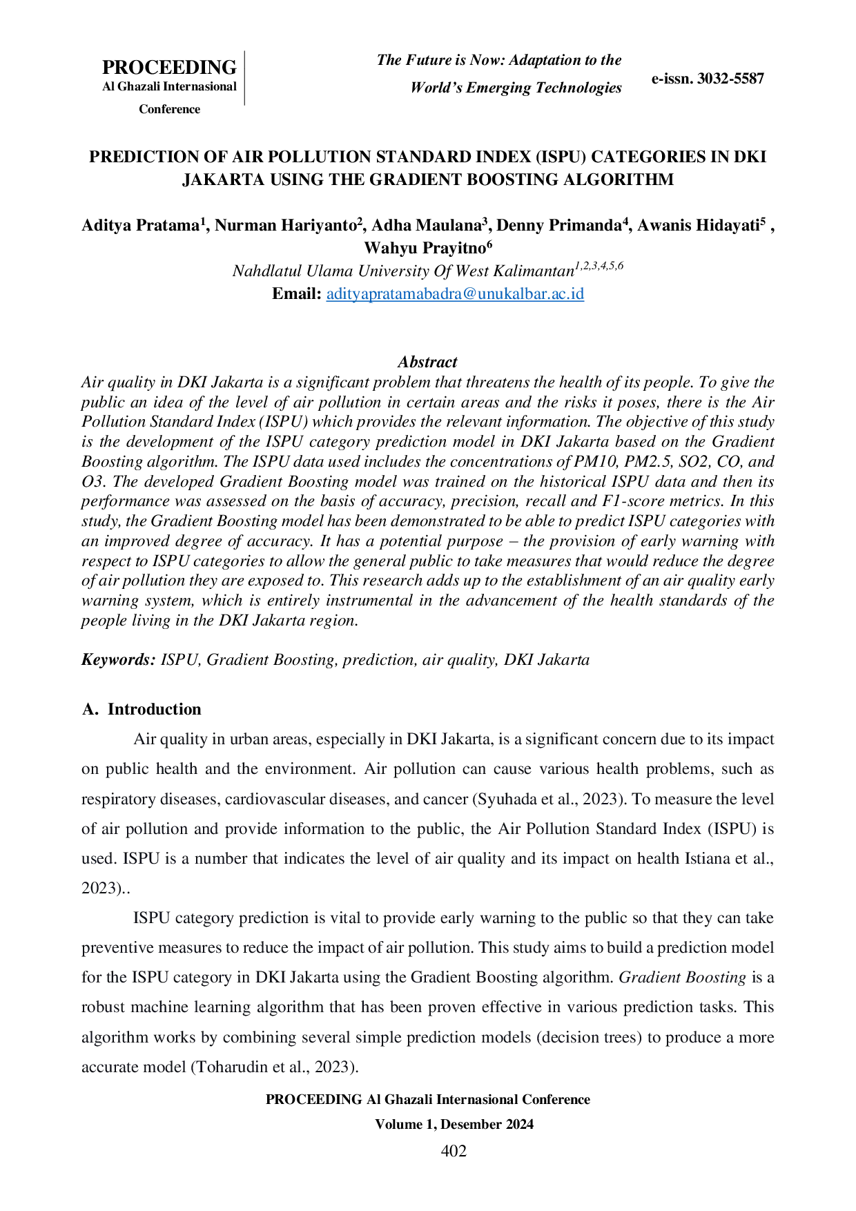 JURIS Prediksi Kategori Indeks Pencemaran Udara ISPU di DKI Jakarta Menggunakan Algoritma Gradient Boosting