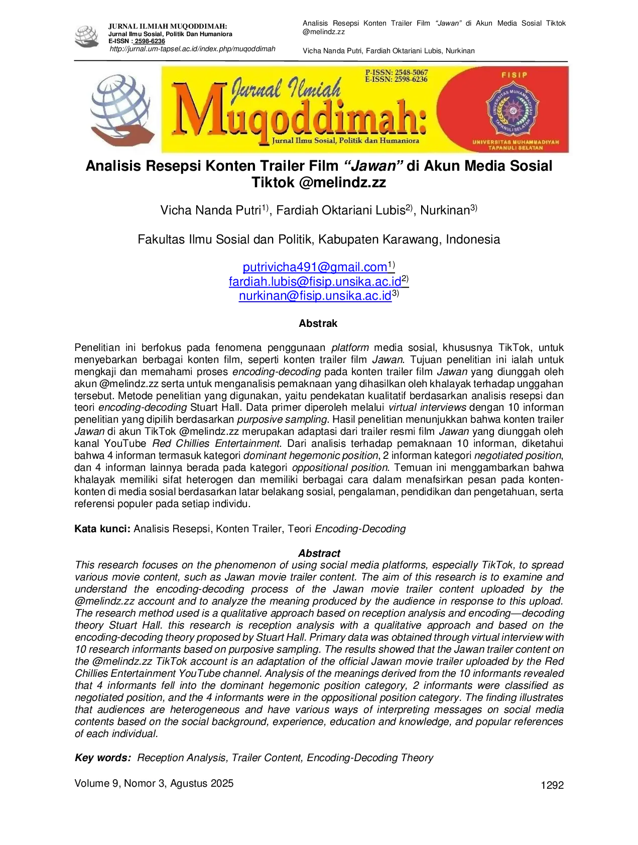 JURIS Analisis Resepsi Konten Trailer Film Jawana di Akun Media Sosial Tiktok melindz zz