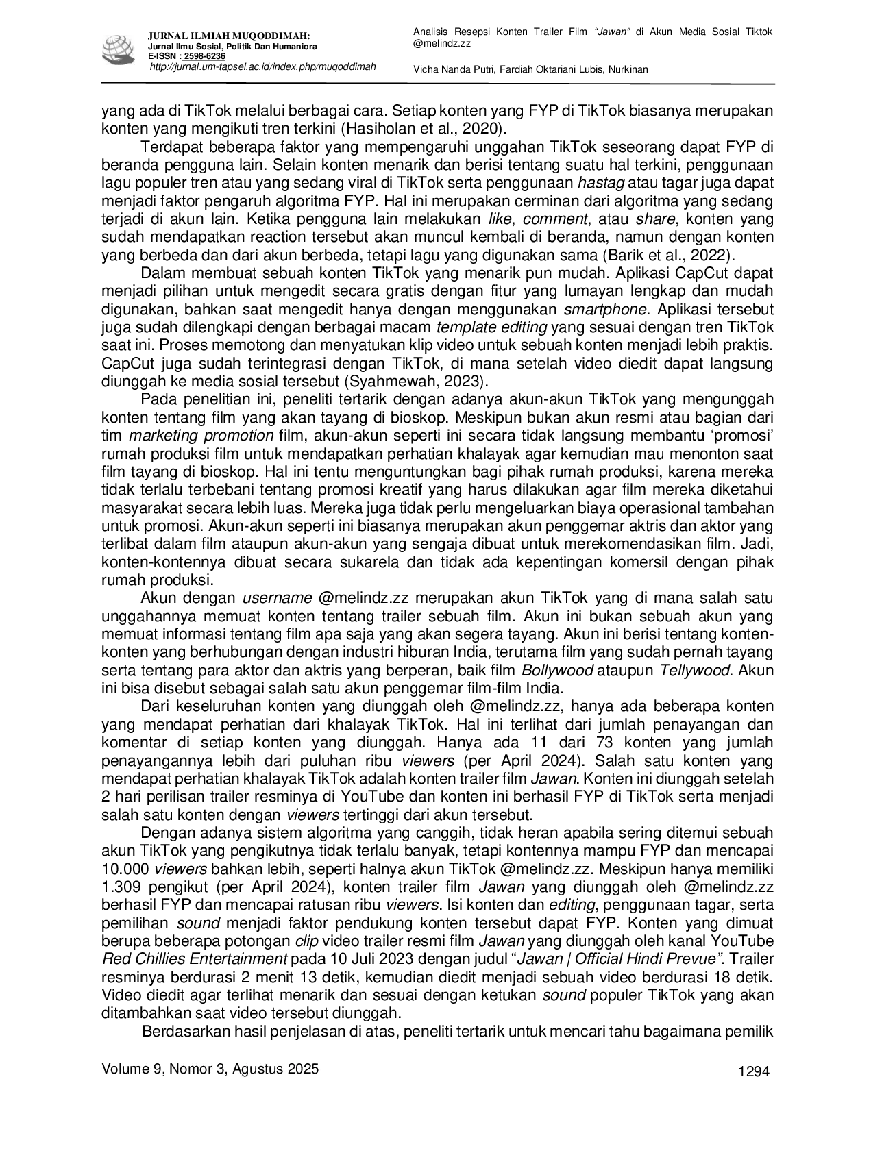JURIS Analisis Resepsi Konten Trailer Film Jawana di Akun Media Sosial Tiktok melindz zz