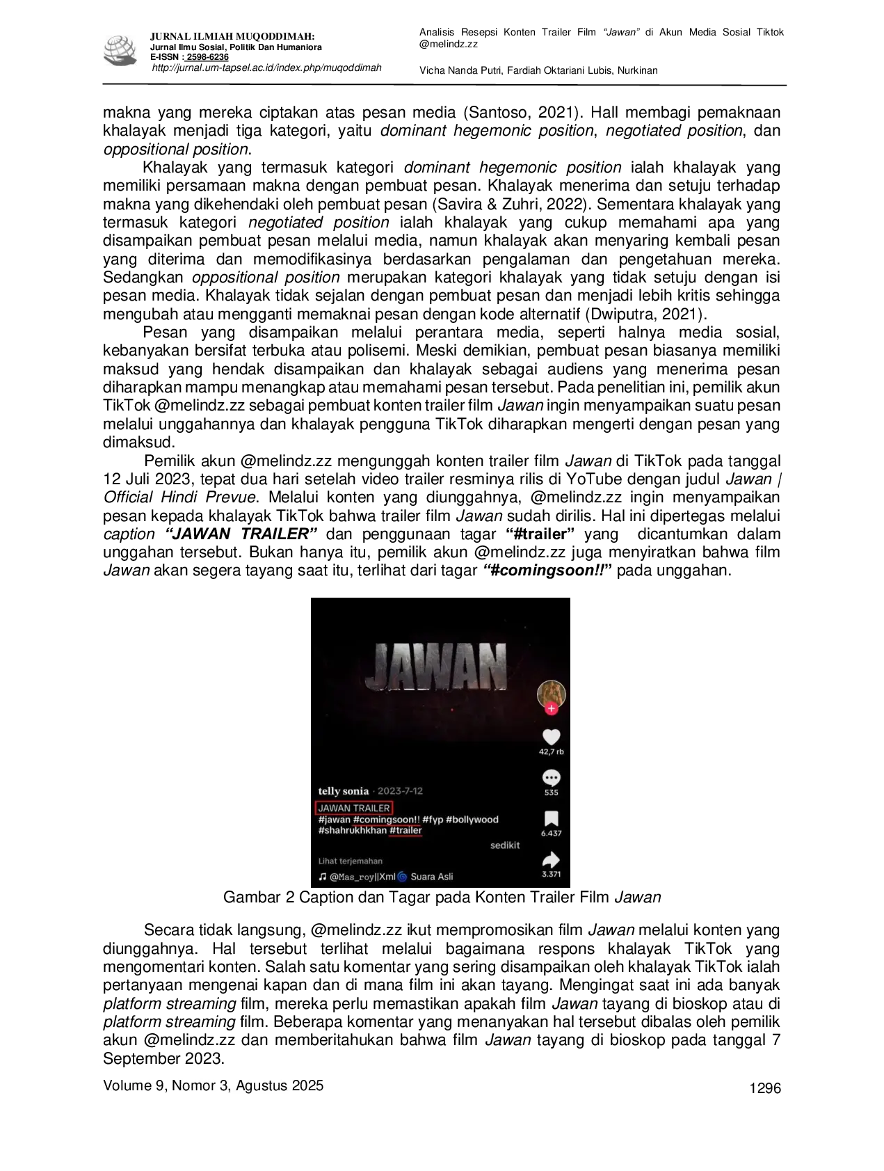 JURIS Analisis Resepsi Konten Trailer Film Jawana di Akun Media Sosial Tiktok melindz zz