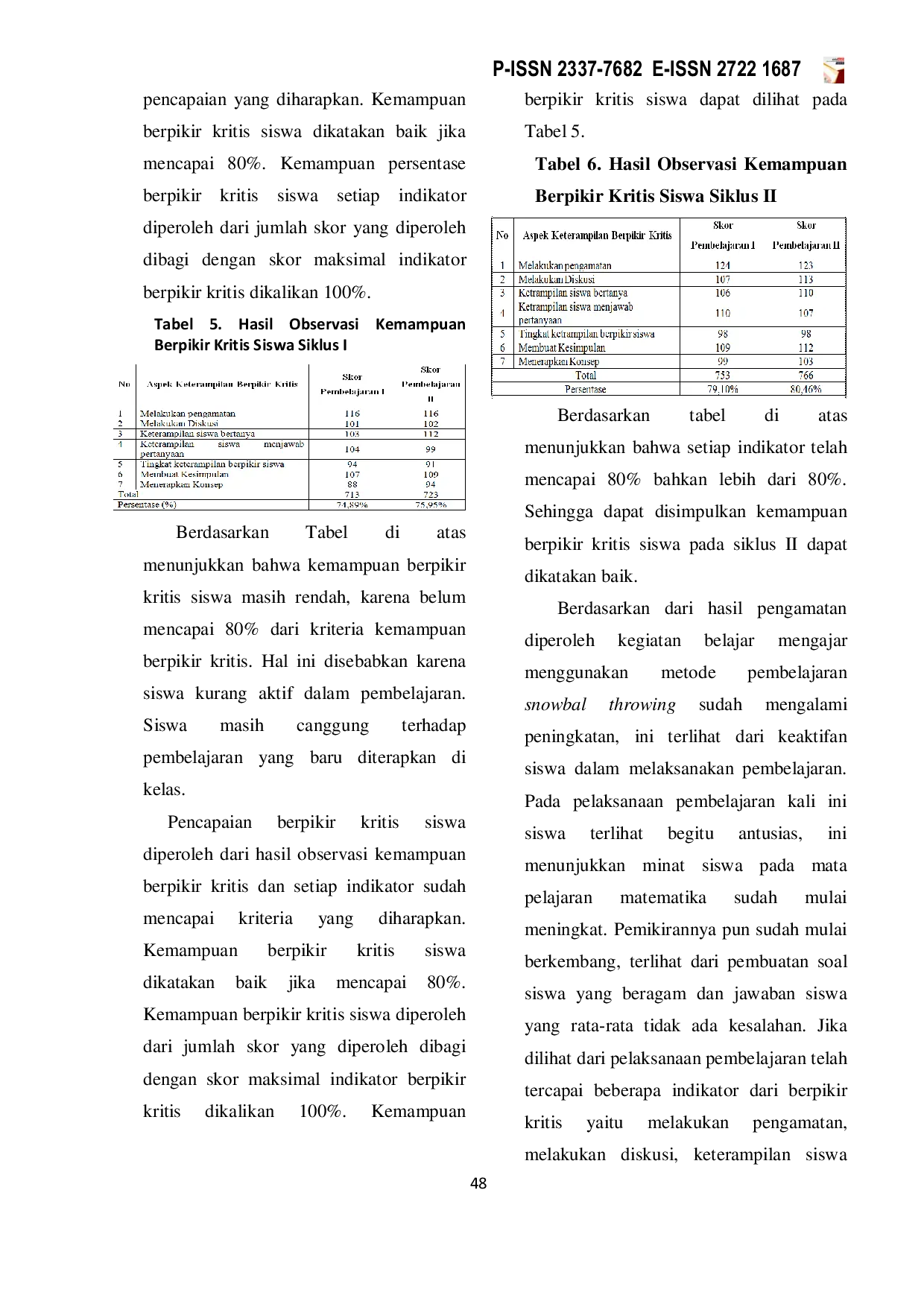 JURIS Penerapan Metode Pembelajaran Snowball Throwing untuk Meningkatkan Kemampuan Berpikir Kritis dan Prestasi Belajar Siswa pada Mata Pelajaran Matematika