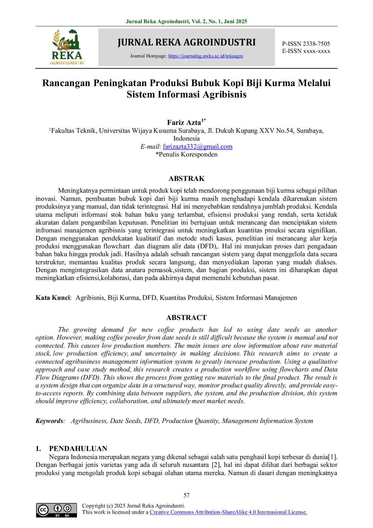 JURIS Rancangan Peningkatan Produksi Bubuk Kopi Biji Kurma Melalui Sistem Informasi Agribisnis