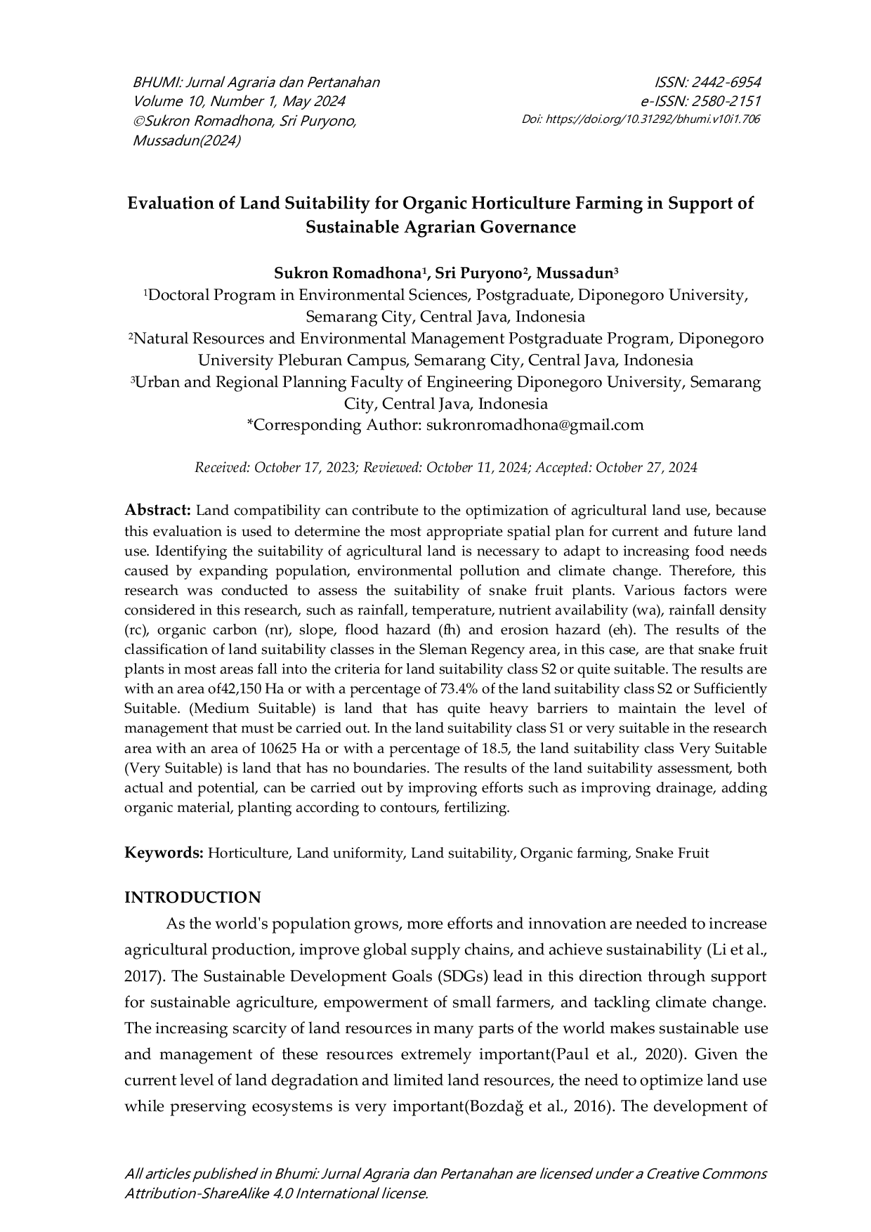JURIS Evaluation of Land Suitability for Organic Horticulture Farming in Support of Sustainable Agrarian Governance