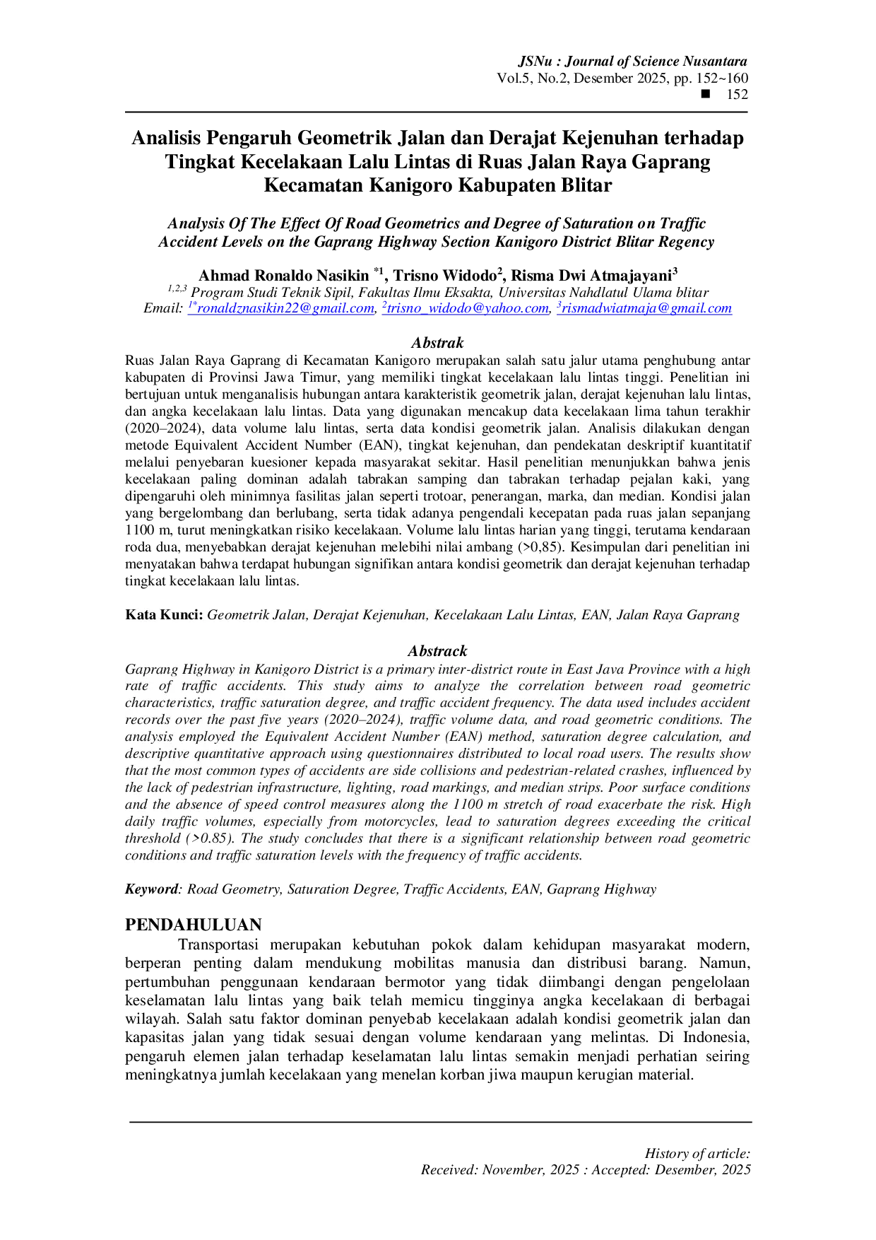 JURIS Analisis Pengaruh Geometrik Jalan dan Derajat Kejenuhan terhadap Tingkat Kecelakaan Lalu Lintas di Ruas Jalan Raya Gaprang Kecamatan Kanigoro Kabupaten Blitar