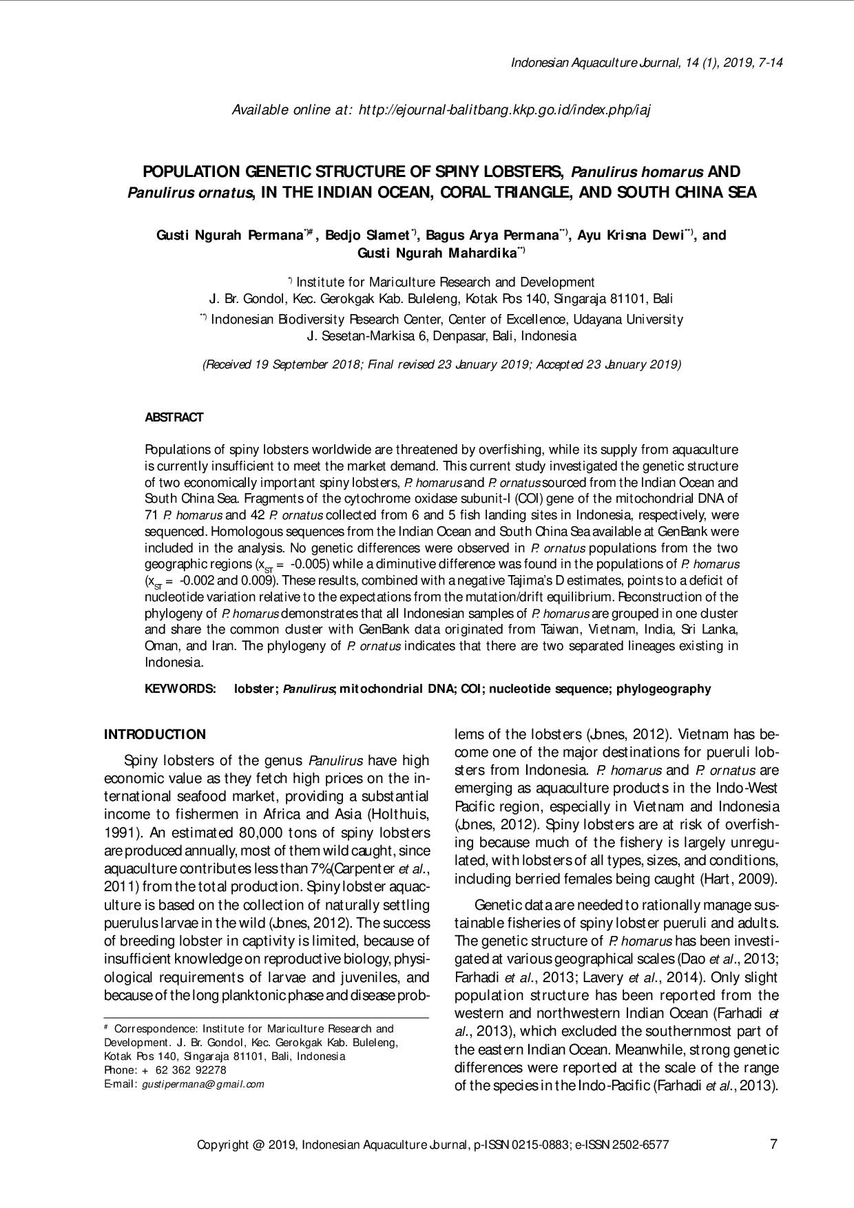 juris POPULATION GENETIC STRUCTURE OF SPINY LOBSTERS Panulirus homarus AND Panulirus ornatus IN THE INDIAN OCEAN CORAL TRIANGLE AND SOUTH CHINA SEA