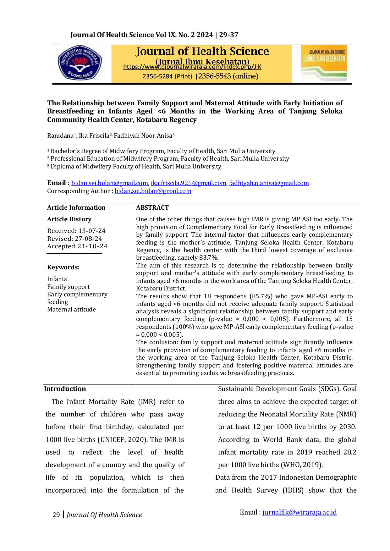 JURIS The The Relationship between Family Support and Maternal Attitude with Early Initiation of Breastfeeding in Infants Aged 6 Months in the Working Area of Tanjung Seloka Community Health Center Kotaba
