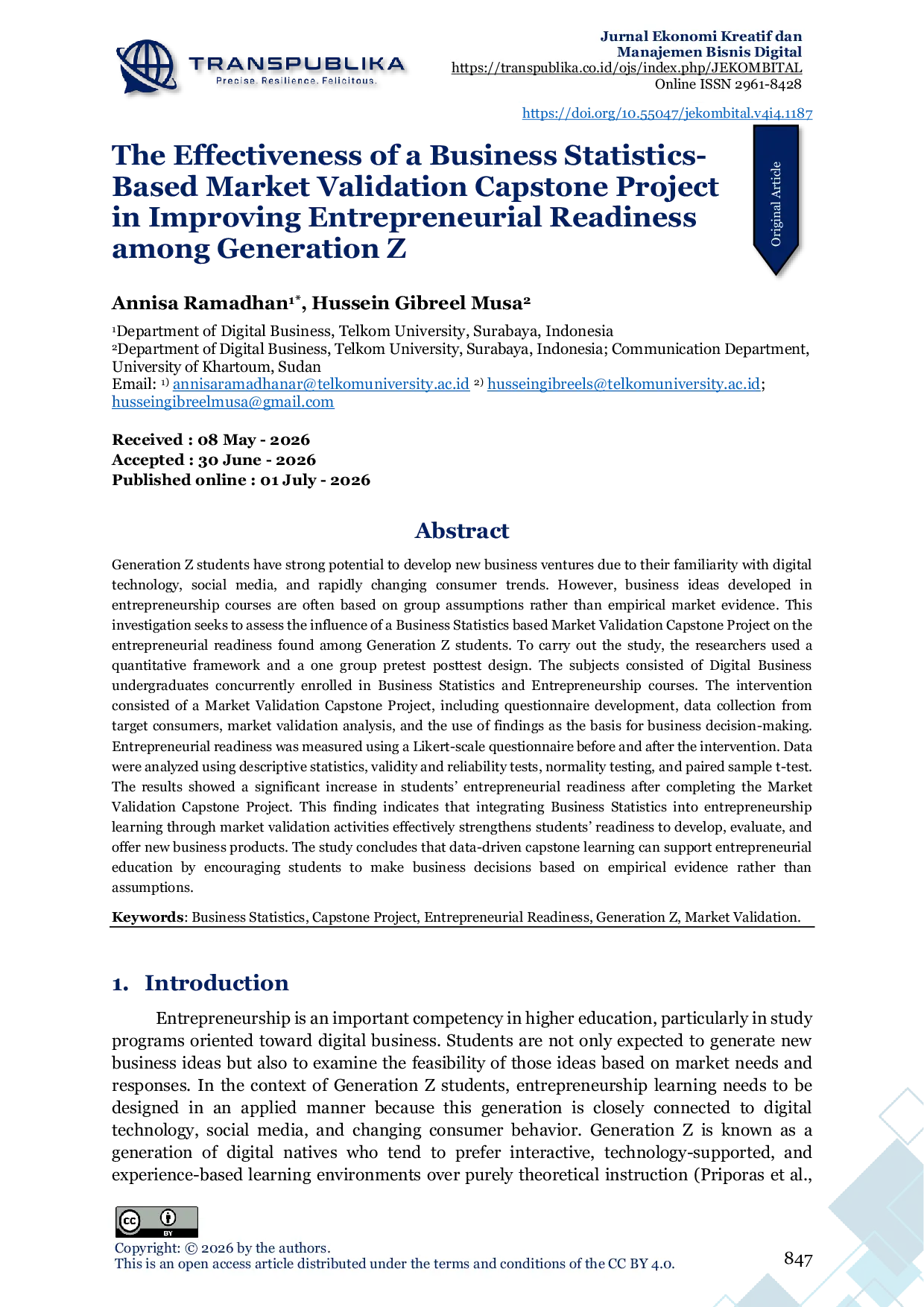 JURIS The Effectiveness of a Business Statistics Based Market Validation Capstone Project in Improving Entrepreneurial Readiness among Generation Z