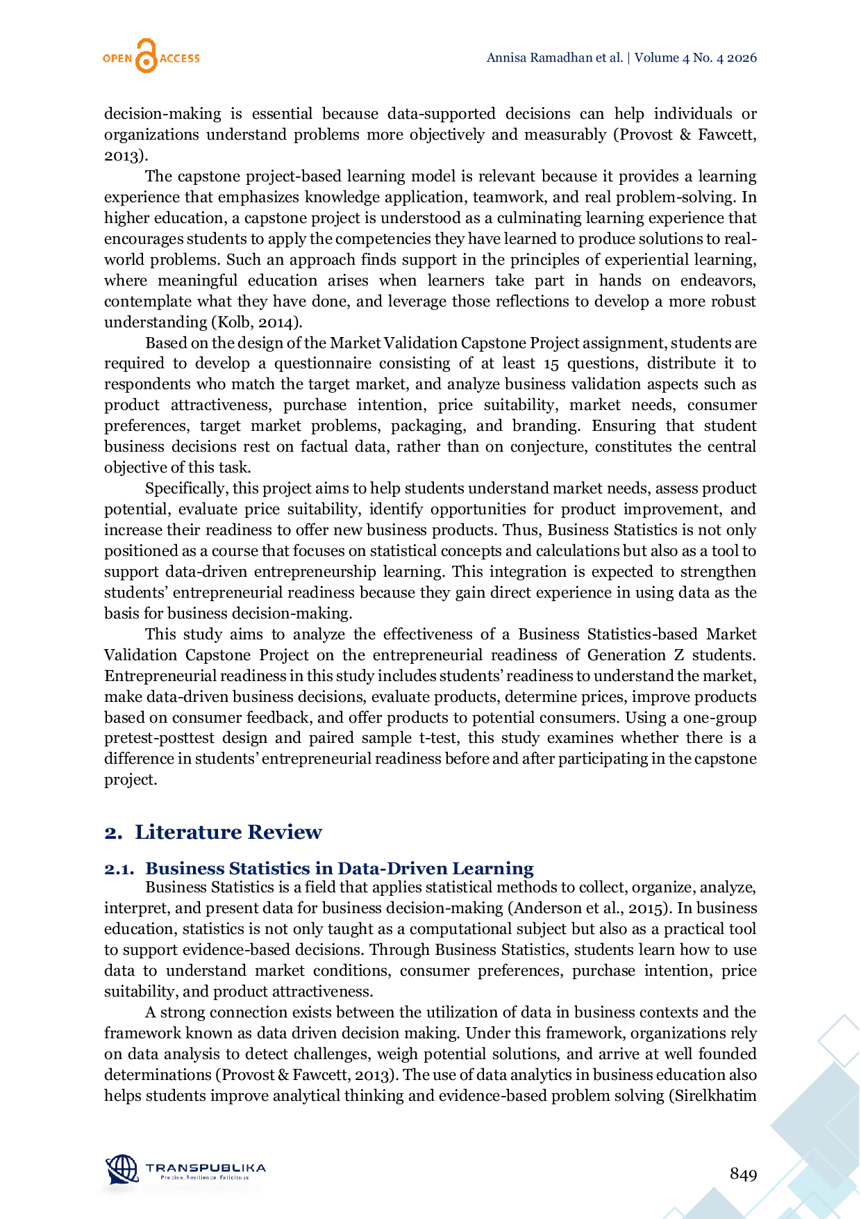 JURIS The Effectiveness of a Business Statistics Based Market Validation Capstone Project in Improving Entrepreneurial Readiness among Generation Z
