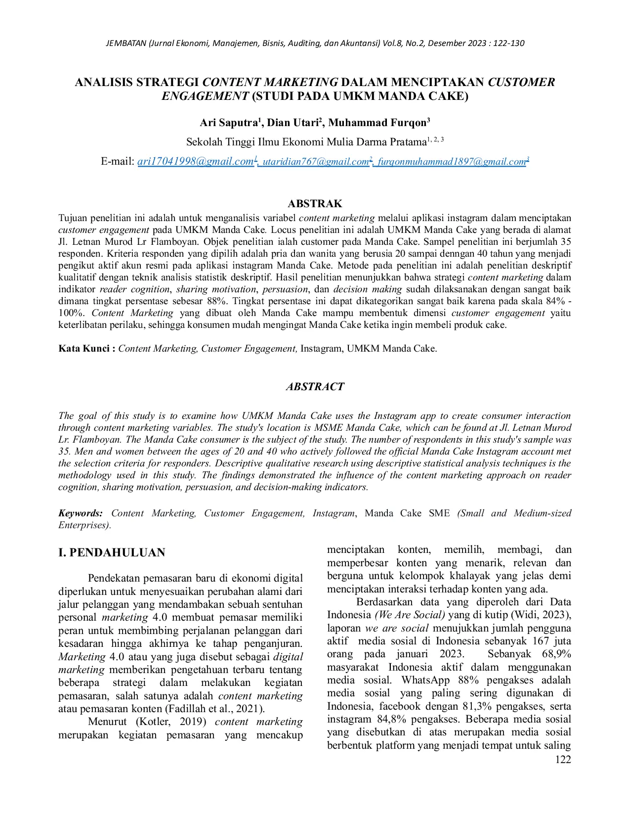 JURIS Analisis Strategi Content Marketing Dalam Menciptakan Customer Engagement Studi Pada UMKM Manda Cake