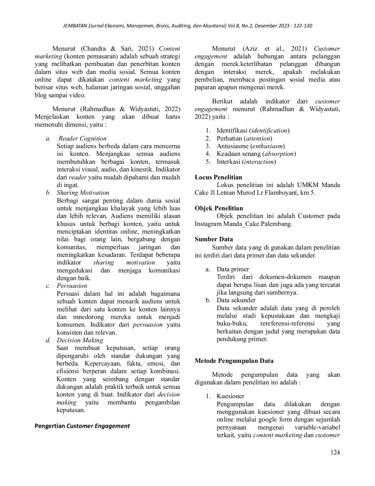 JURIS Analisis Strategi Content Marketing Dalam Menciptakan Customer Engagement Studi Pada UMKM Manda Cake