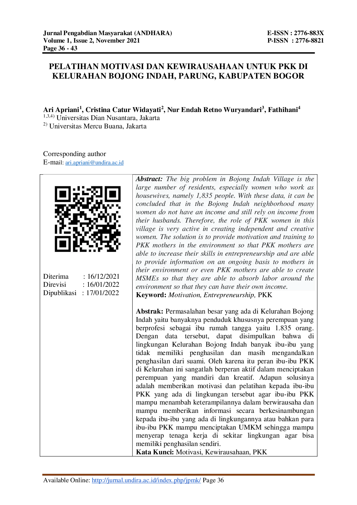 JURIS Pelatihan Motivasi Dan Kewirausahaan Untuk Pkk Di Kelurahan Bojong Indah Parung Kabupaten Bogor