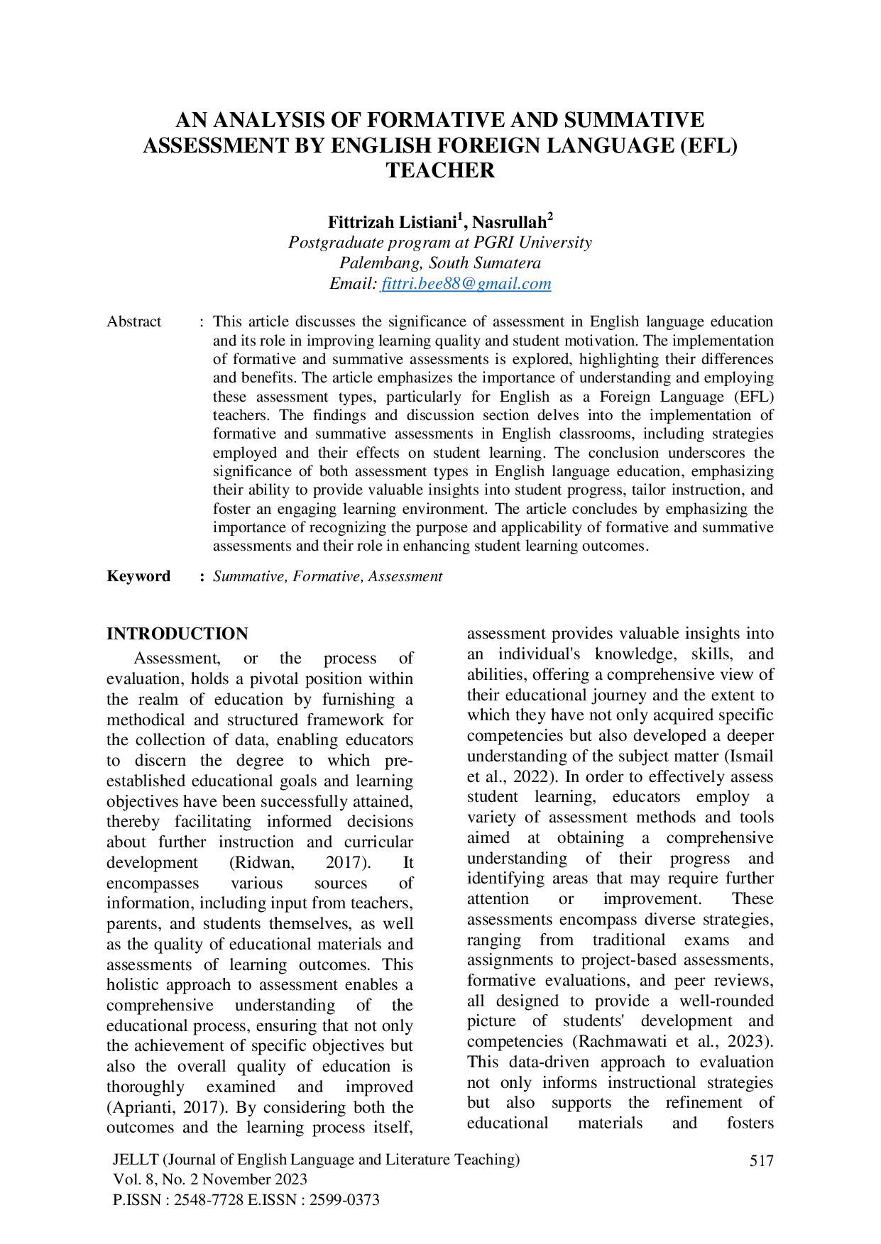 JURIS An Analysis of Formative and Summative Assessment by English Foreign Language EFL Teacher