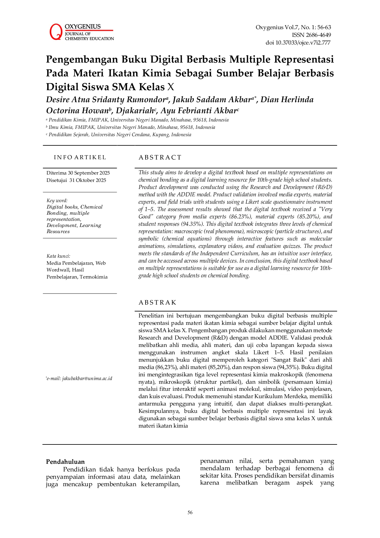 JURIS Pengembangan Buku Digital Berbasis Multiple Representasi Pada Materi Ikatan Kimia Sebagai Sumber Belajar Berbasis Digital Siswa SMA Kelas X