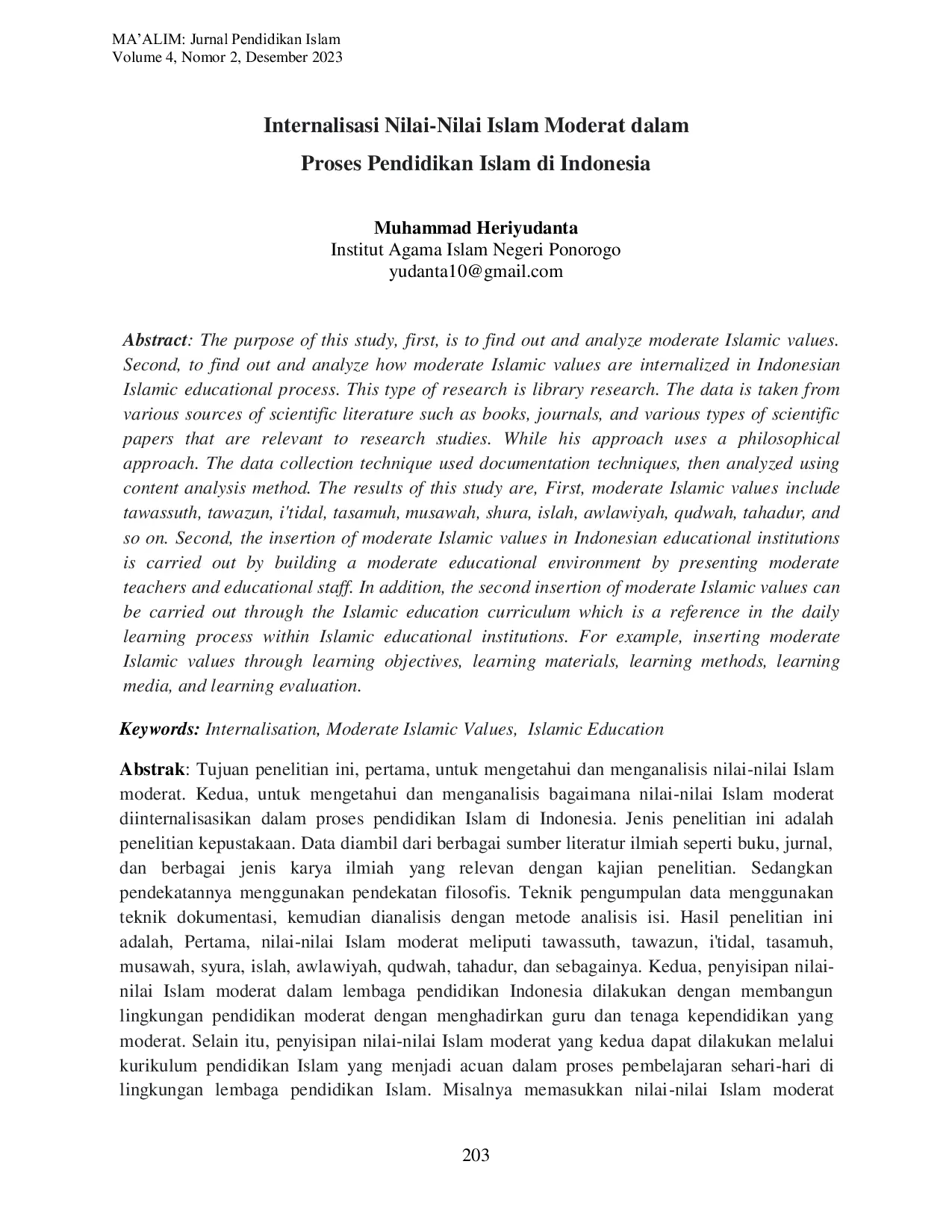 JURIS Internalisasi Nilai nilai Islam Moderat dalam Proses Pendidikan Islam di Indonesia