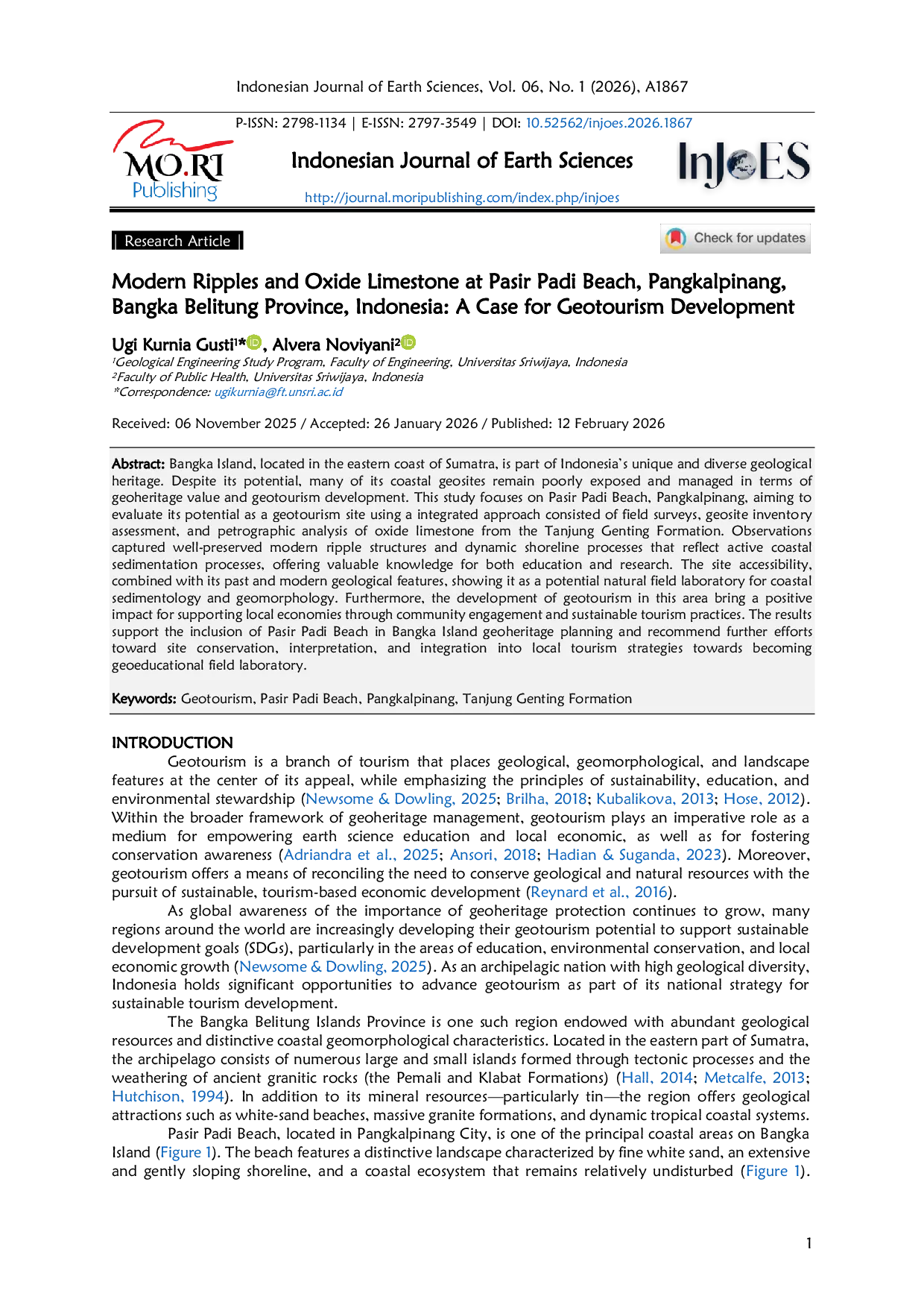 JURIS Modern Ripples and Oxide Limestone at Pasir Padi Beach Pangkalpinang Bangka Belitung Province Indonesia A Case for Geotourism Development