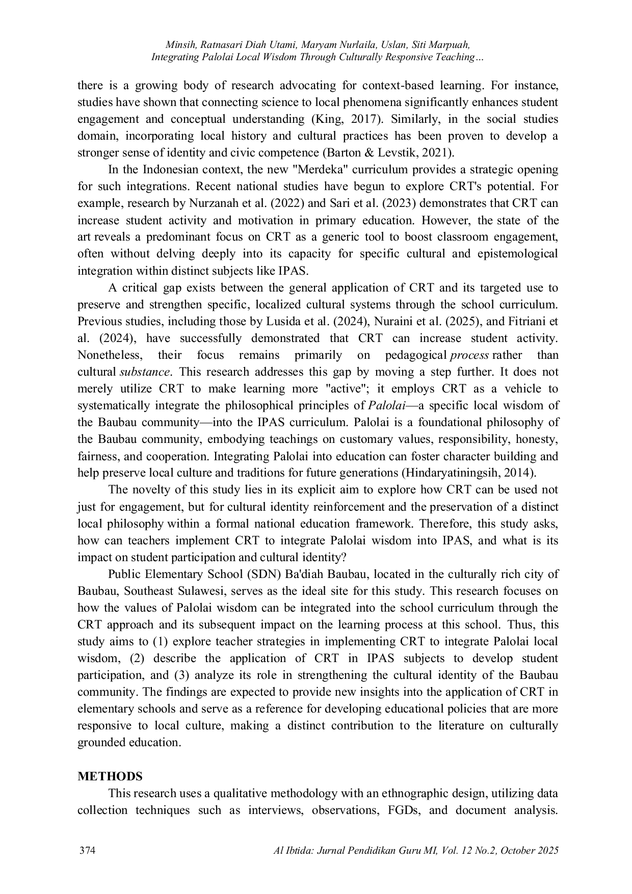 JURIS Integrating Palolai Local Wisdom Through Culturally Responsive Teaching in Baubau Elementary Schools