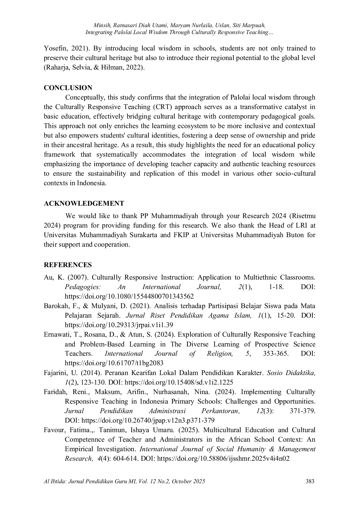 JURIS Integrating Palolai Local Wisdom Through Culturally Responsive Teaching in Baubau Elementary Schools