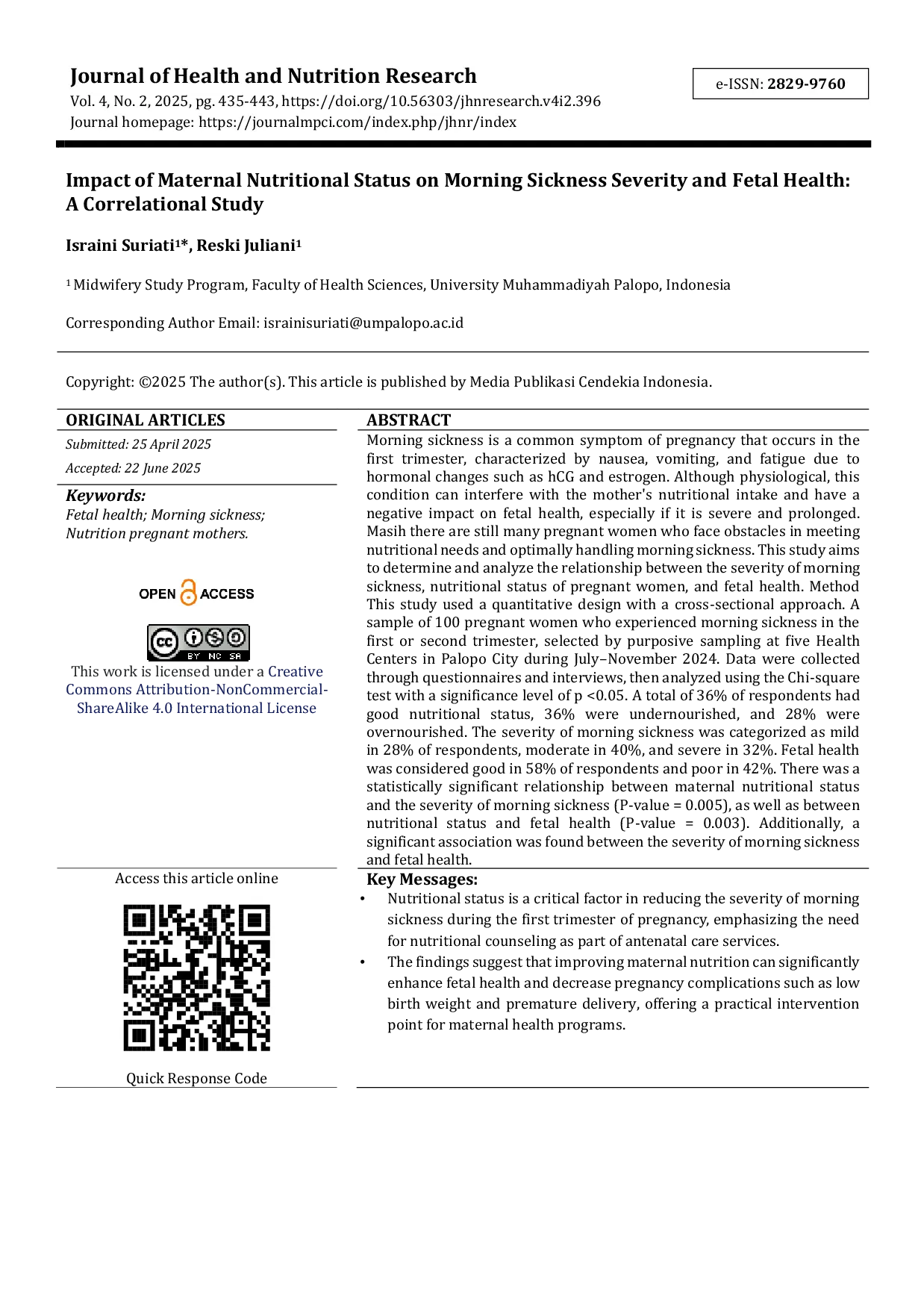 JURIS Impact of Maternal Nutritional Status on Morning Sickness Severity and Fetal Health A Correlational Study