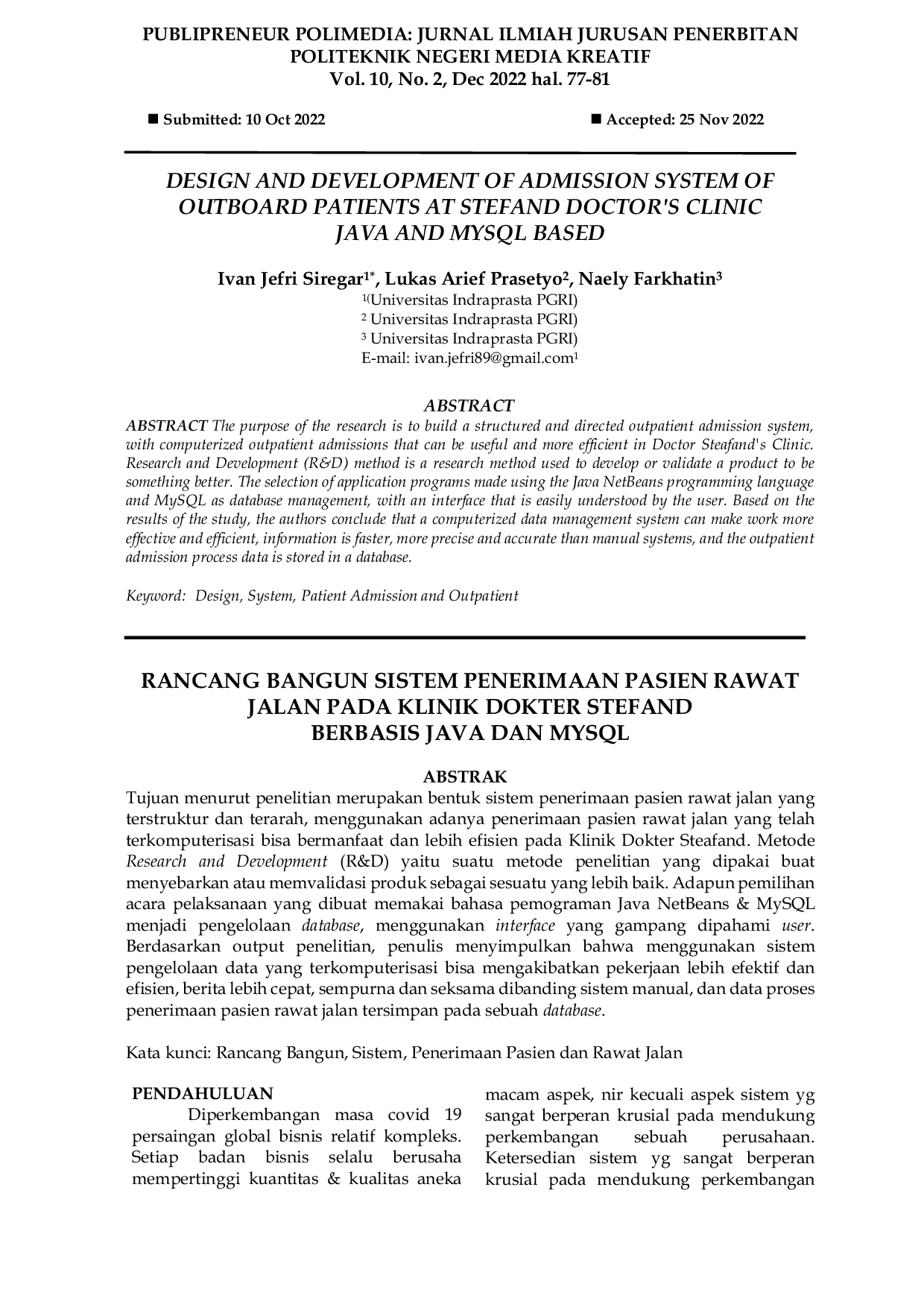 JURIS Rancang Bangun Sistem Penerimaan Pasien Rawat Jalan Pada Klinik Dokter Stefand Berbasis Java dan Mysql
