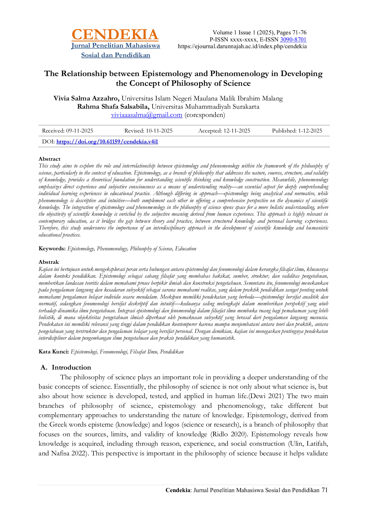 JURIS The Relationship between Epistemology and Phenomenology in Developing the Concept of Philosophy of Science
