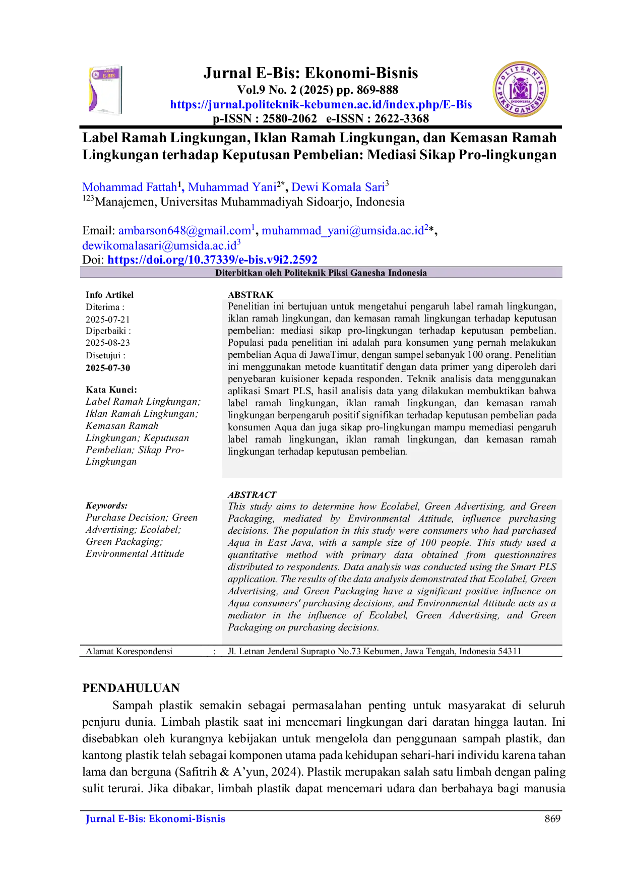 JURIS Label Ramah Lingkungan Iklan Ramah Lingkungan dan Kemasan Ramah Lingkungan terhadap Keputusan Pembelian Mediasi Sikap Pro Lingkungan