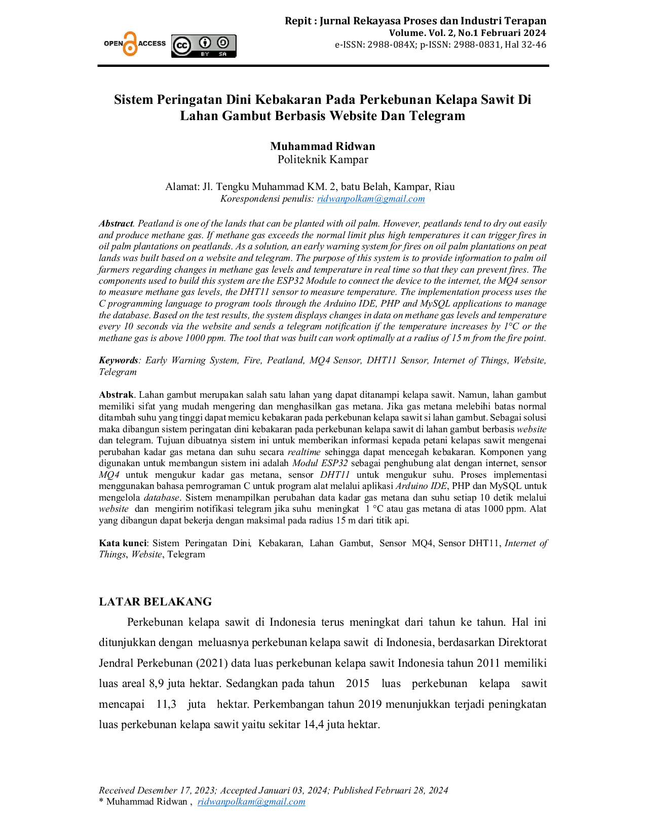 JURIS Sistem Peringatan Dini Kebakaran Pada Perkebunan Kelapa Sawit Di Lahan Gambut Berbasis Website Dan Telegram
