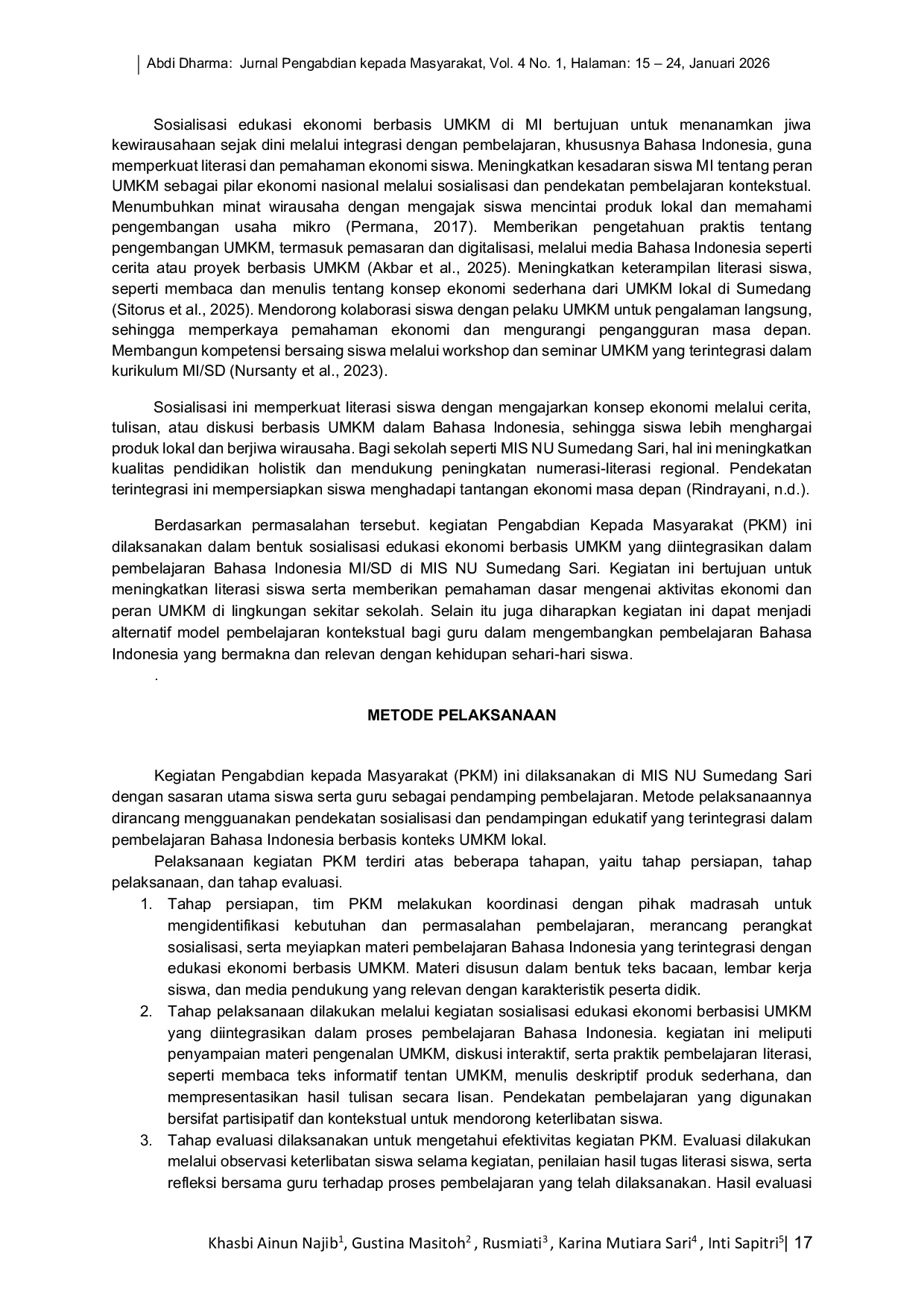 JURIS Sosialisasi Edukasi Ekonomi Berbasis UMKM dalam Pembelajaran Bahasa Indonesia MI SD sebagai Upaya Penguatan Literasi Siswa MIS NU Sumedang Sari