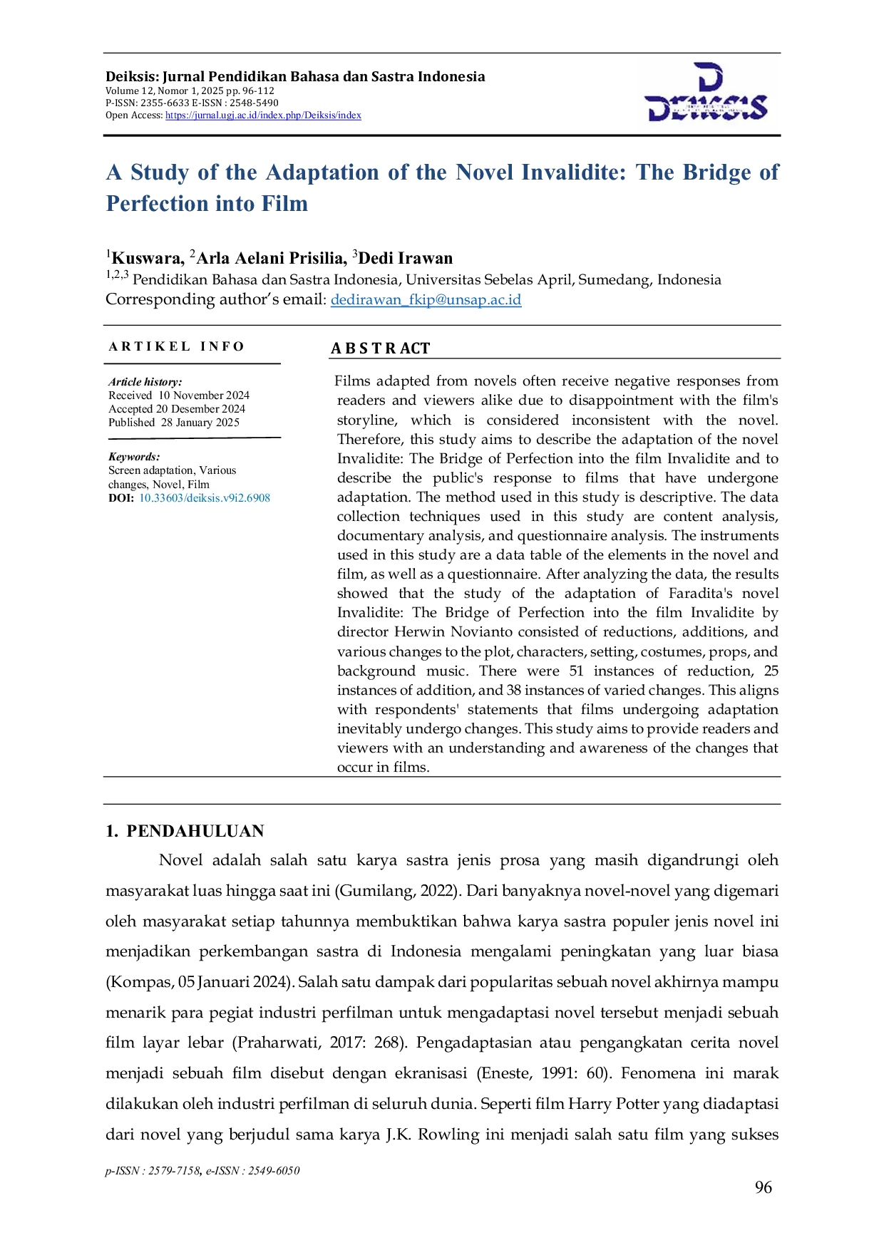 JURIS A Study of Ecranisation in the Novel Invalidite The Bridge of Perfection into Film