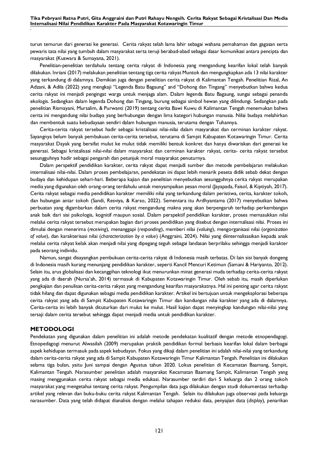 JURIS Cerita Rakyat sebagai Kristalisasi dan Media Internalisasi Nilai Pendidikan Karakter pada Masyarakat Kotawaringin Timur