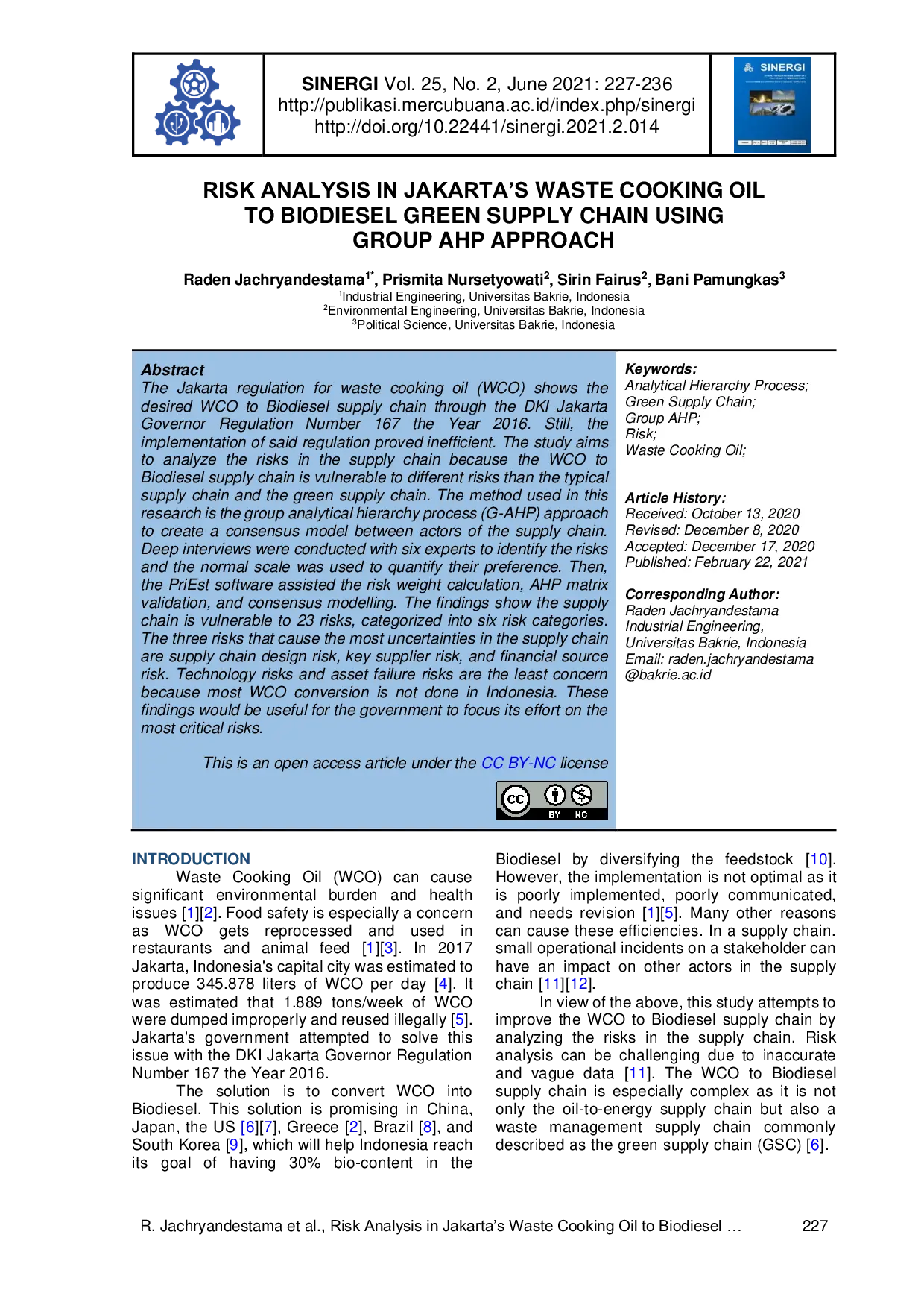 JURIS ANALISIS RISIKO DALAM RANTAI PASOK MINYAK GORENG BEKAS KE BIODIESEL JAKARTA MENGGUNAKAN PENDEKATAN AHP KELOMPOK
