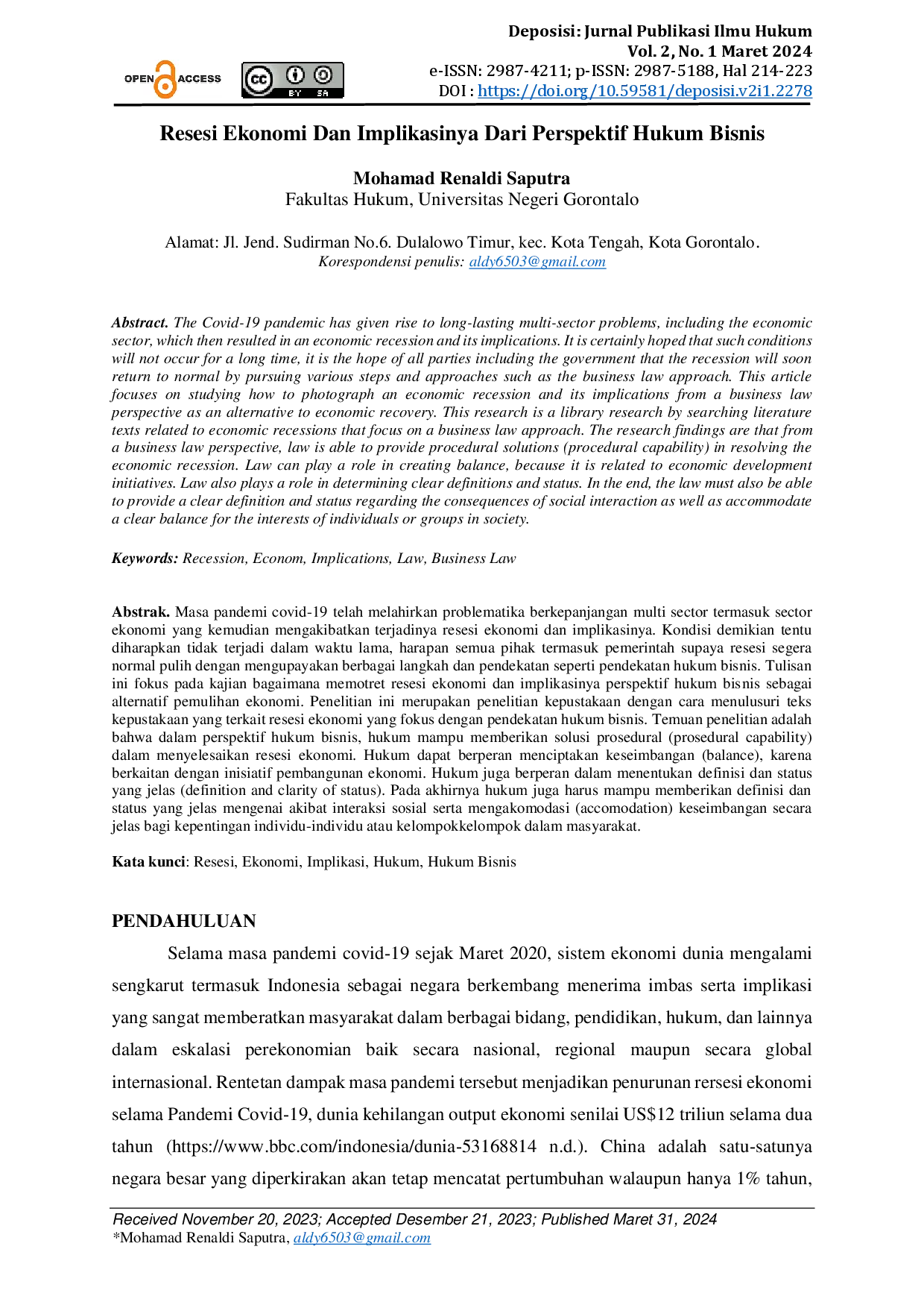 juris Resesi Ekonomi Dan Implikasinya Dari Perspektif Hukum Bisnis