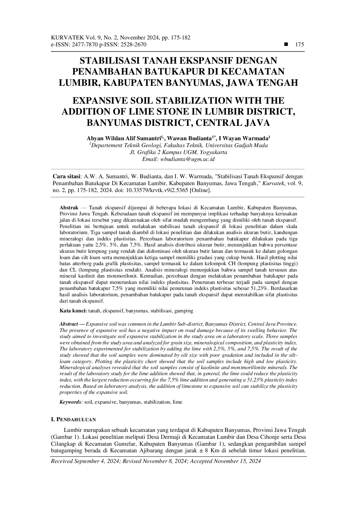 JURIS Stabilisasi Tanah Ekspansif Dengan Penambahan Batukapur Di Kecamatan Lumbir Kabupaten Banyumas Jawa Tengah