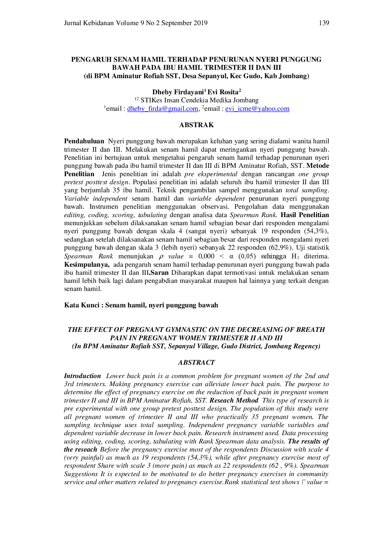 juris Pengaruh Senam Hamil Terhadap Penurunan Nyeri Punggung Bawah Pada Ibu Hamil Trimester II DAN III